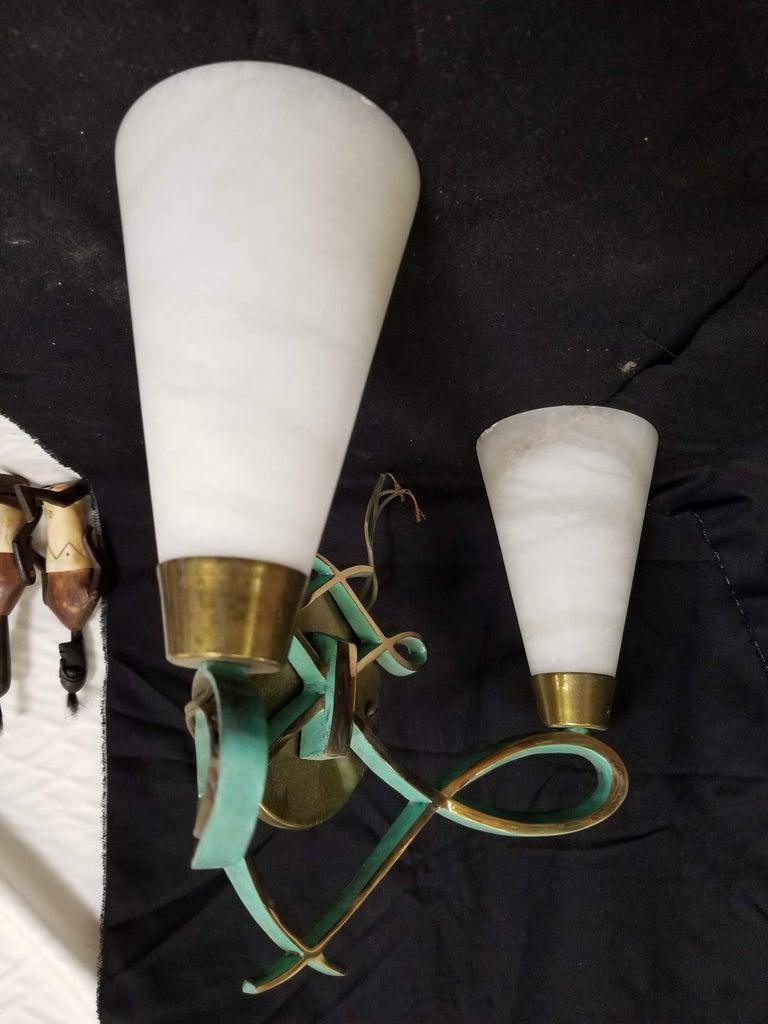 High Style Bronze Sconce with Alabaster Shades, Pair In Excellent Condition In Van Nuys, CA