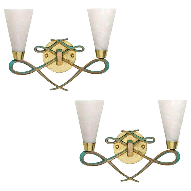High Style Bronze Sconce with Alabaster Shades, Pair For Sale at 1stDibs