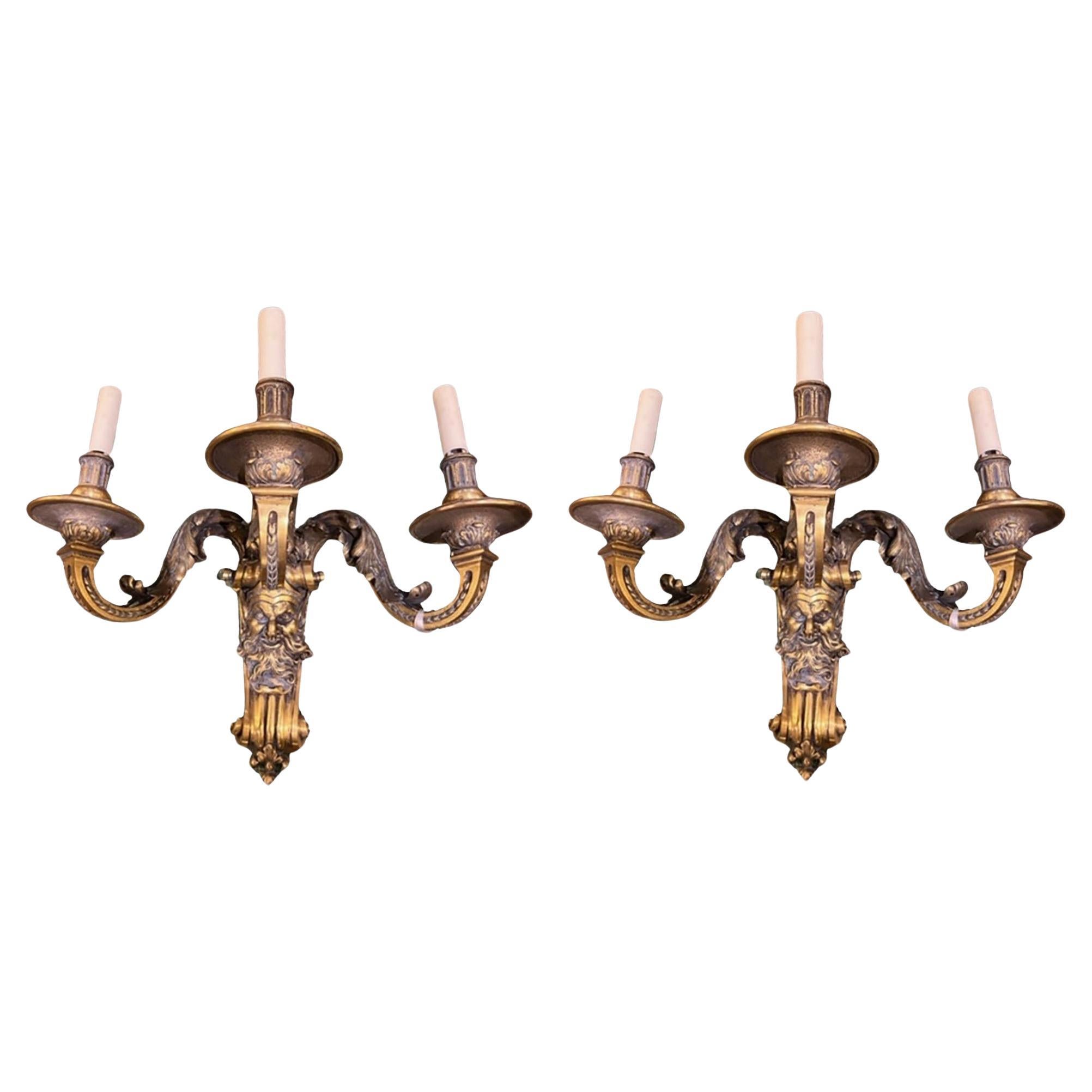 Bronze Sconces With Bacchus Masks 