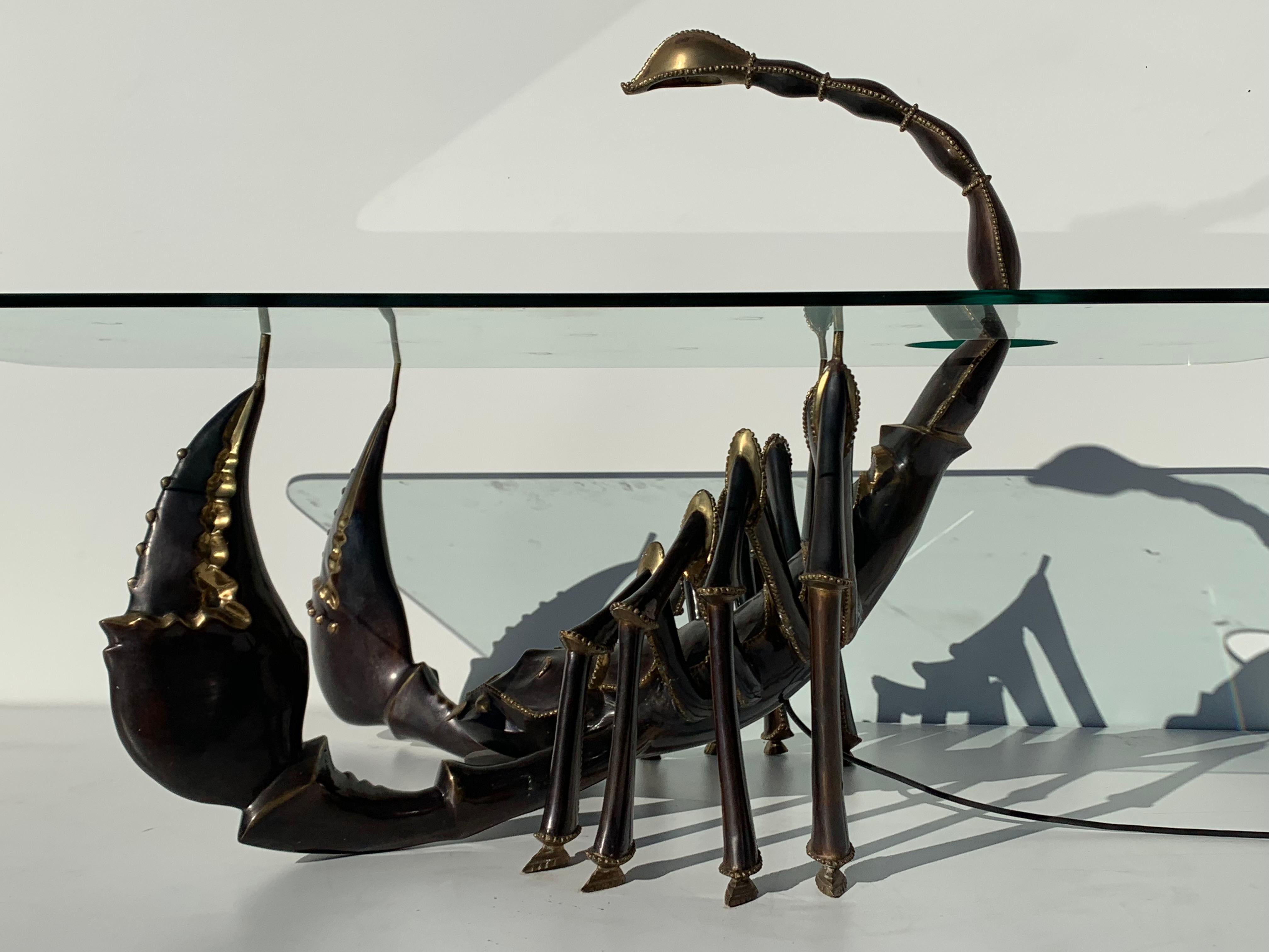 Bronze Scorpion coffee table attributed to Jacques Duval Brasseaur. There is a 5