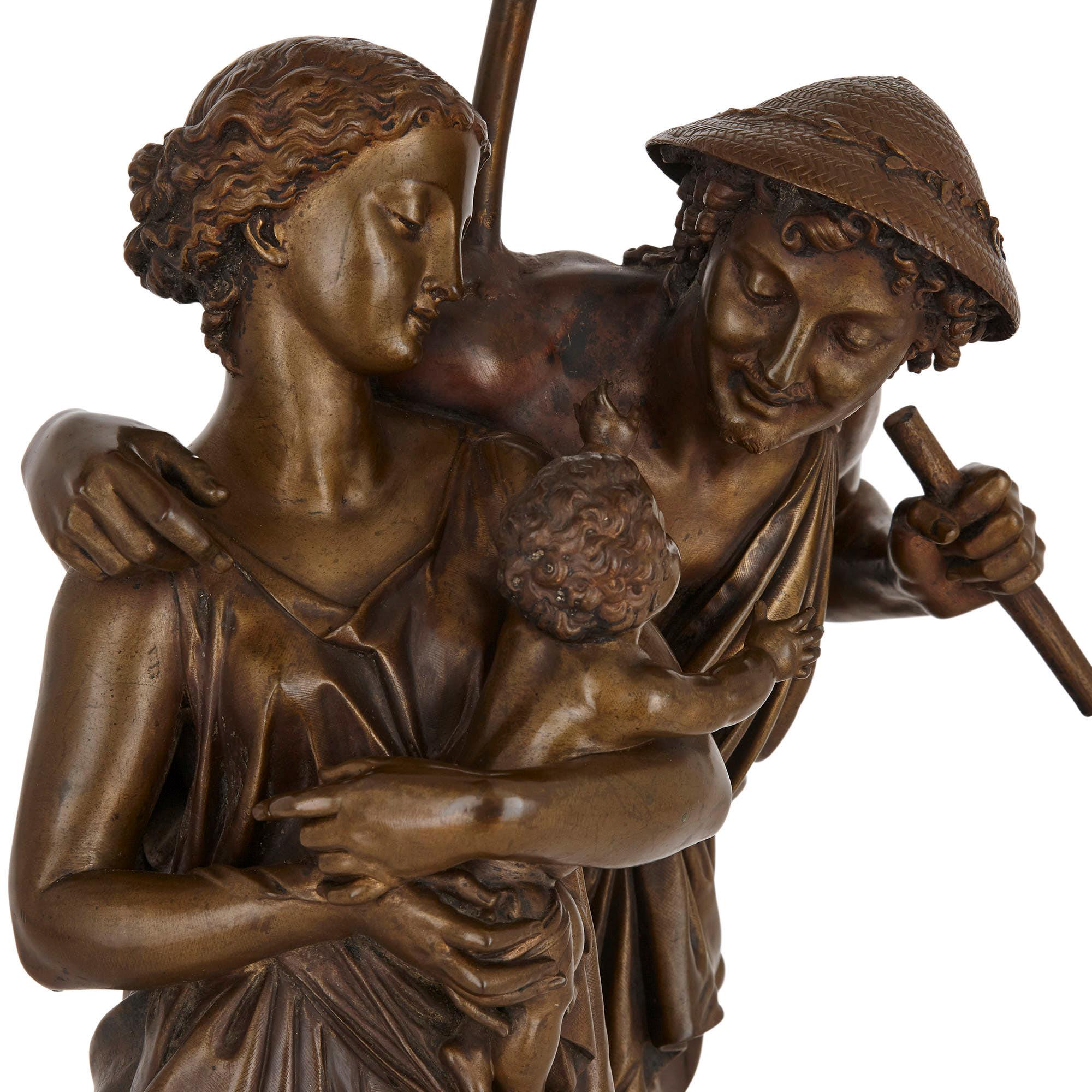 Patinato Lampada scultura in bronzo di Henry Étienne Dumaige in vendita