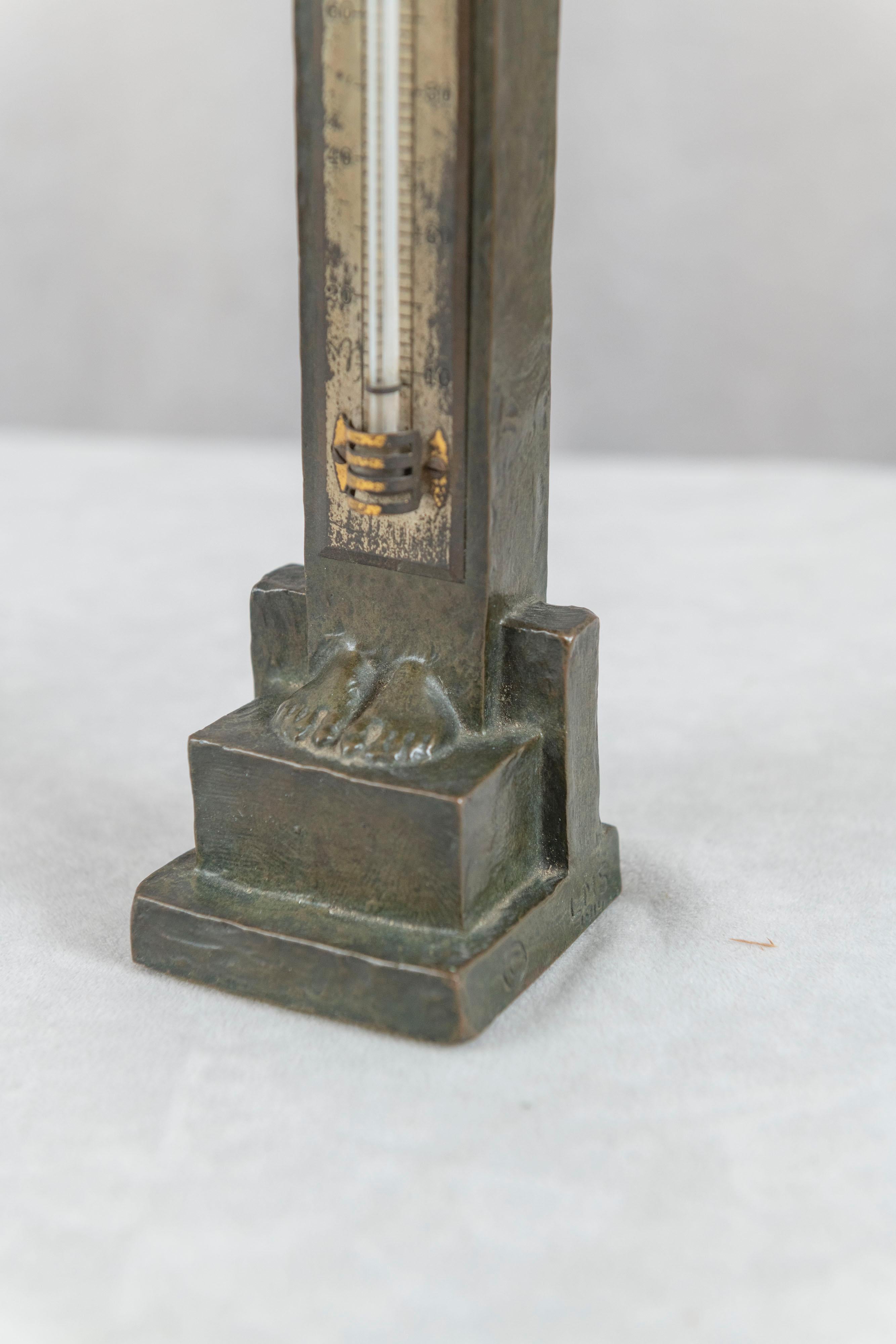 Art Nouveau Bronze Sculptural Thermometer, Long Bodied Lady, Artist Signed and Dated 1911 For Sale