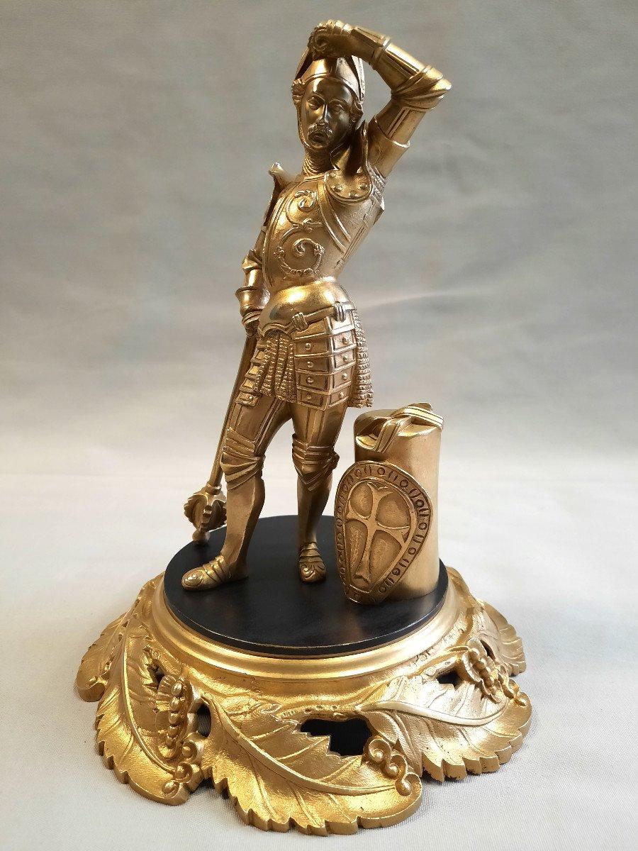 French Bronze Sculpture 12th Century Soldier In Armor Late 19th Century For Sale