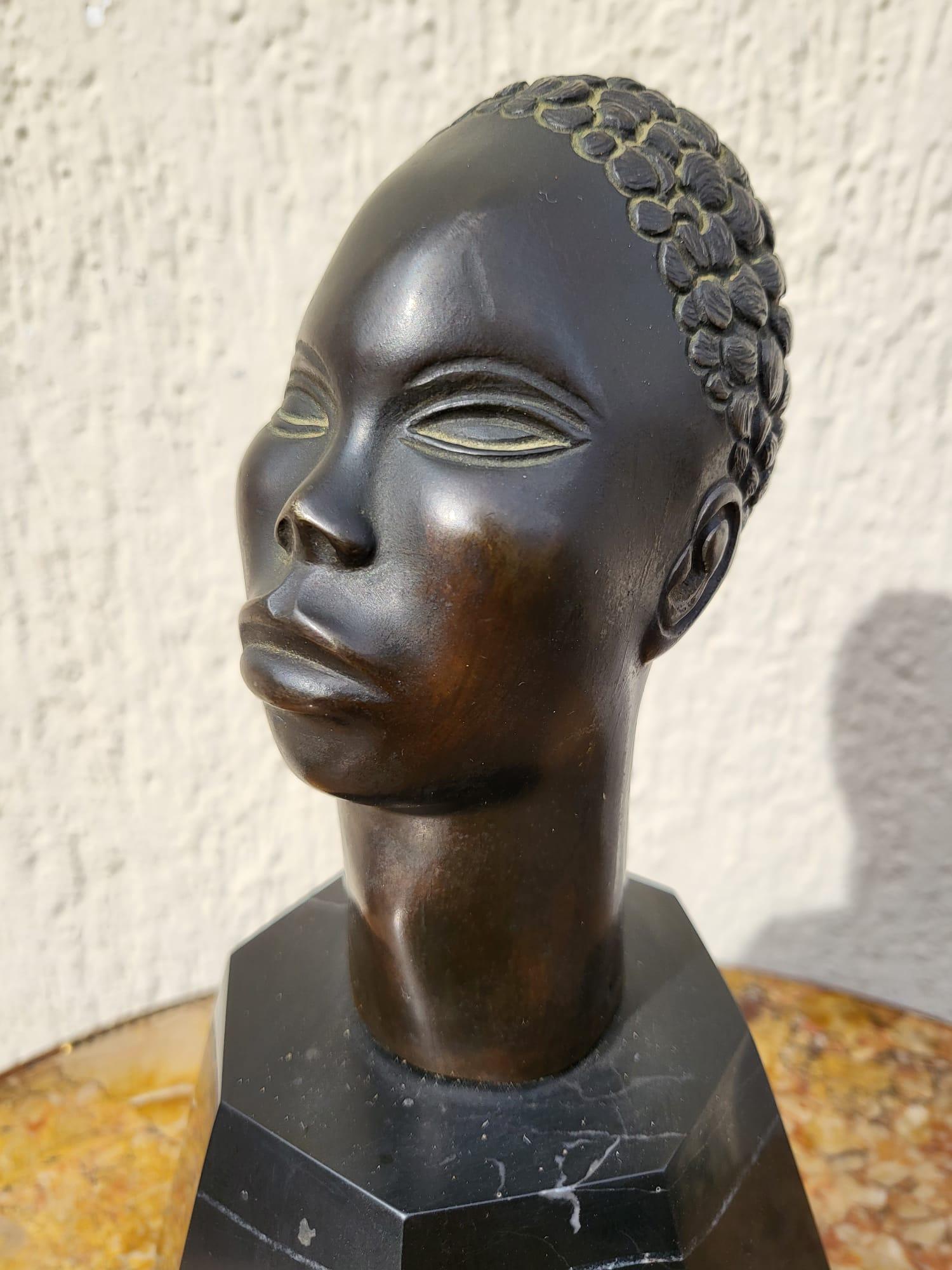 French Bronze Sculpture, African Head, On Base, 20th Century For Sale