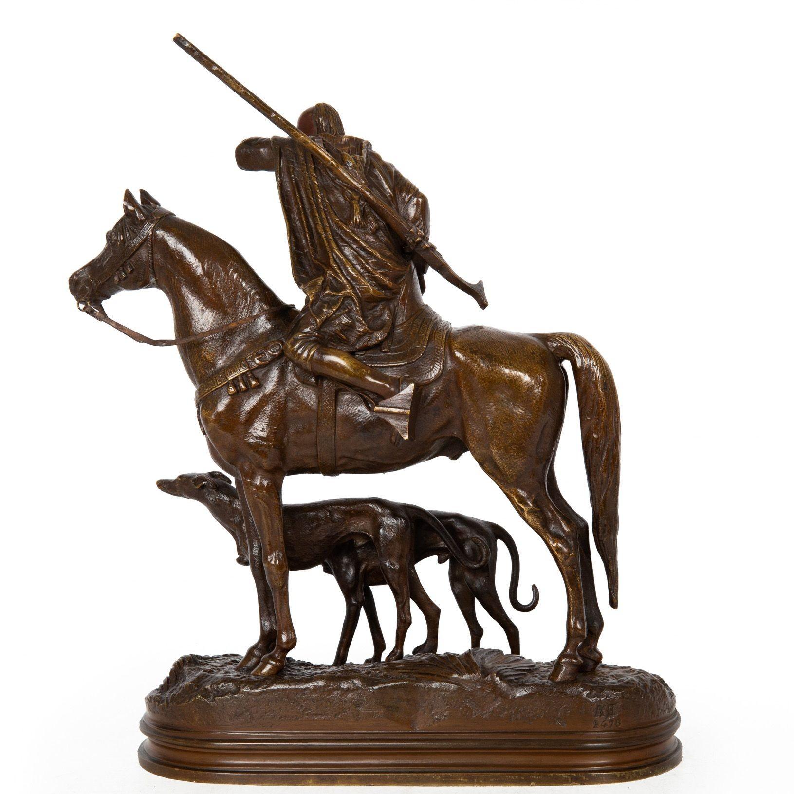 Romantique Sculpture en bronze - Chasseur arabe à cheval par Alfred Dubucand