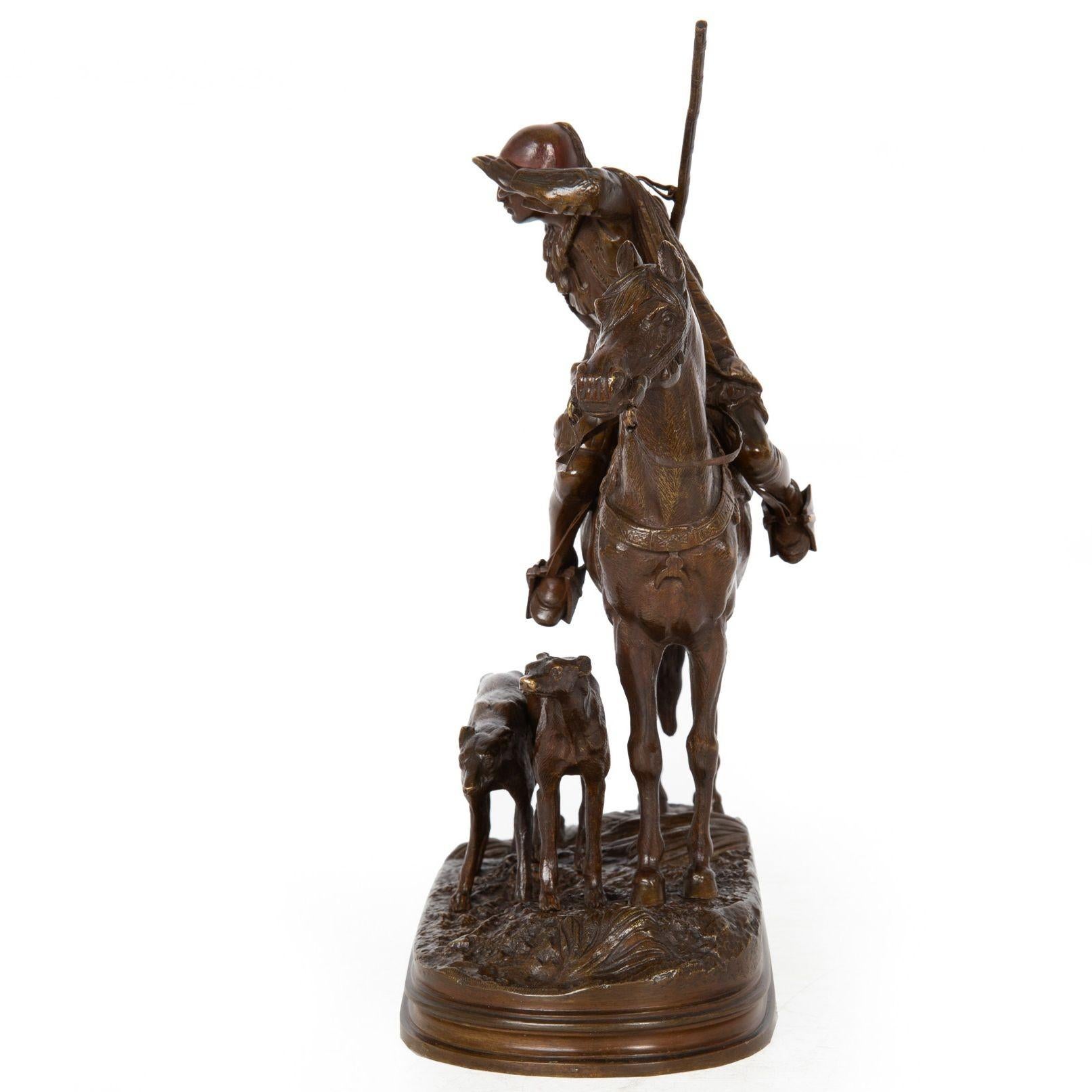 Français Sculpture en bronze - Chasseur arabe à cheval par Alfred Dubucand