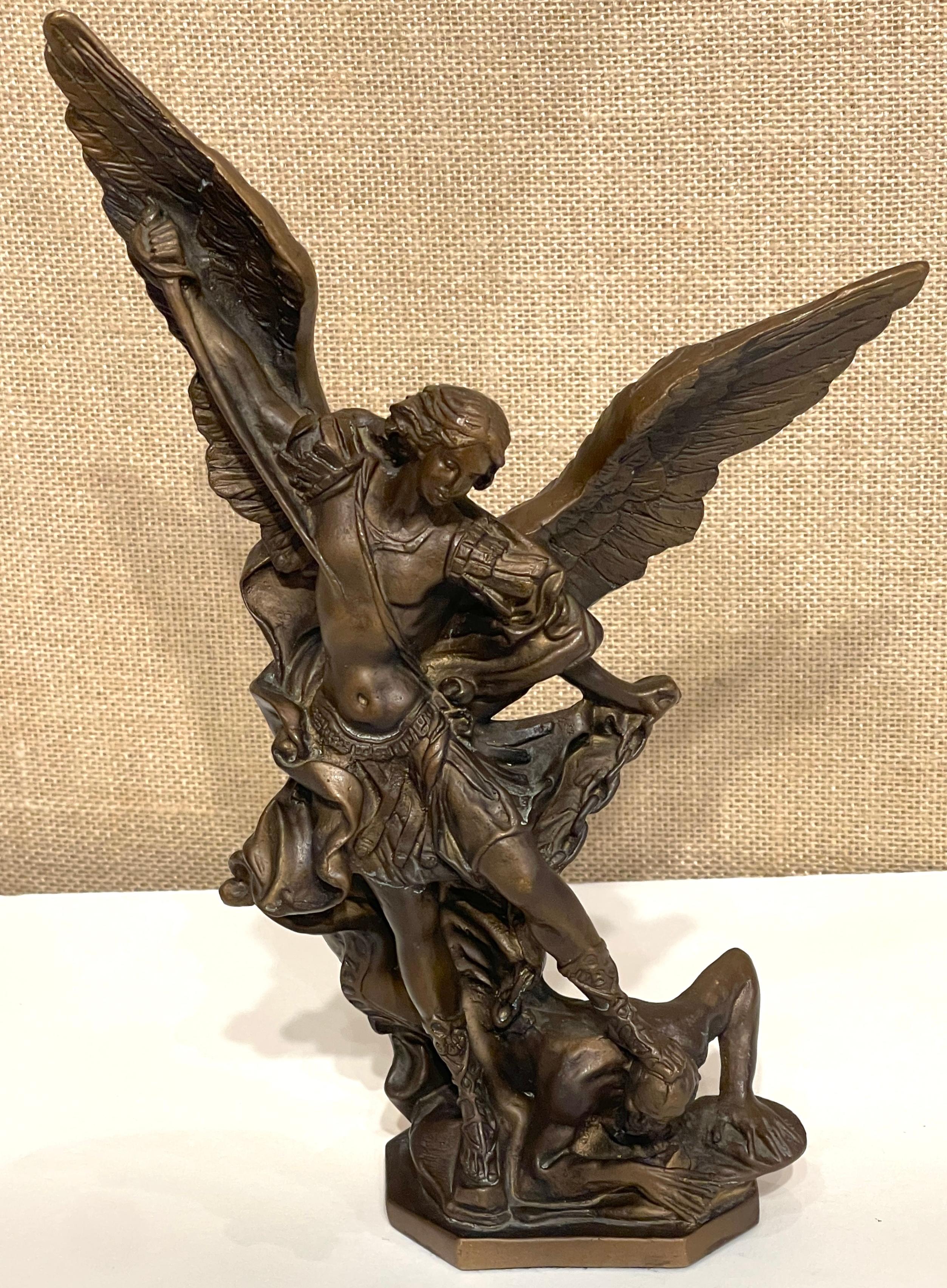 Bronze Sculpture Arch Angel Michael's Battle with the Devil, 
Signed A. Saulon, Europe, Mid-20th Century

A powerful mid-20th century bronze sculpture depicting the Archangel Michael’s victorious battle with the devil, signed by A. Saulon. This