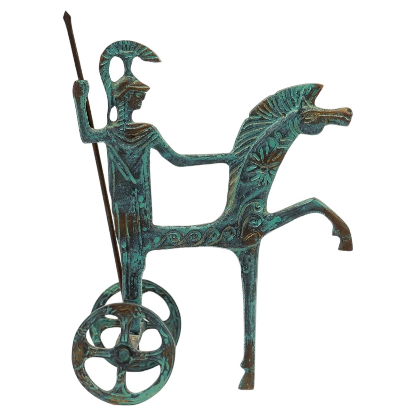 Bronze Sculpture Athena Minerva with Spear on Chariot, 1960s Mid-Century Modern
