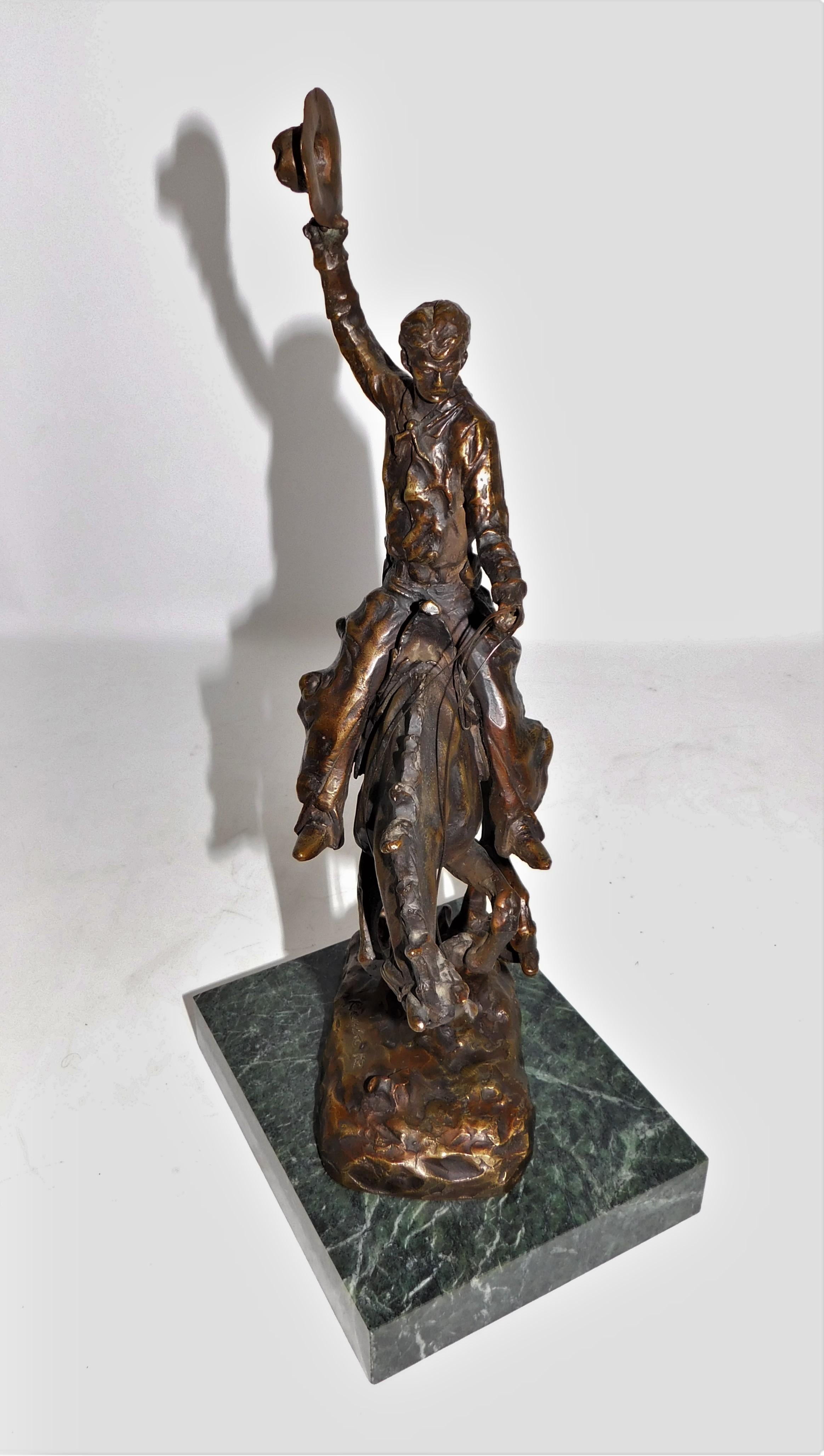 Bronze Sculpture Austrian Carl Kauba Rodeo Cowboy Marble, circa 1900 In Good Condition For Sale In Hamilton, Ontario
