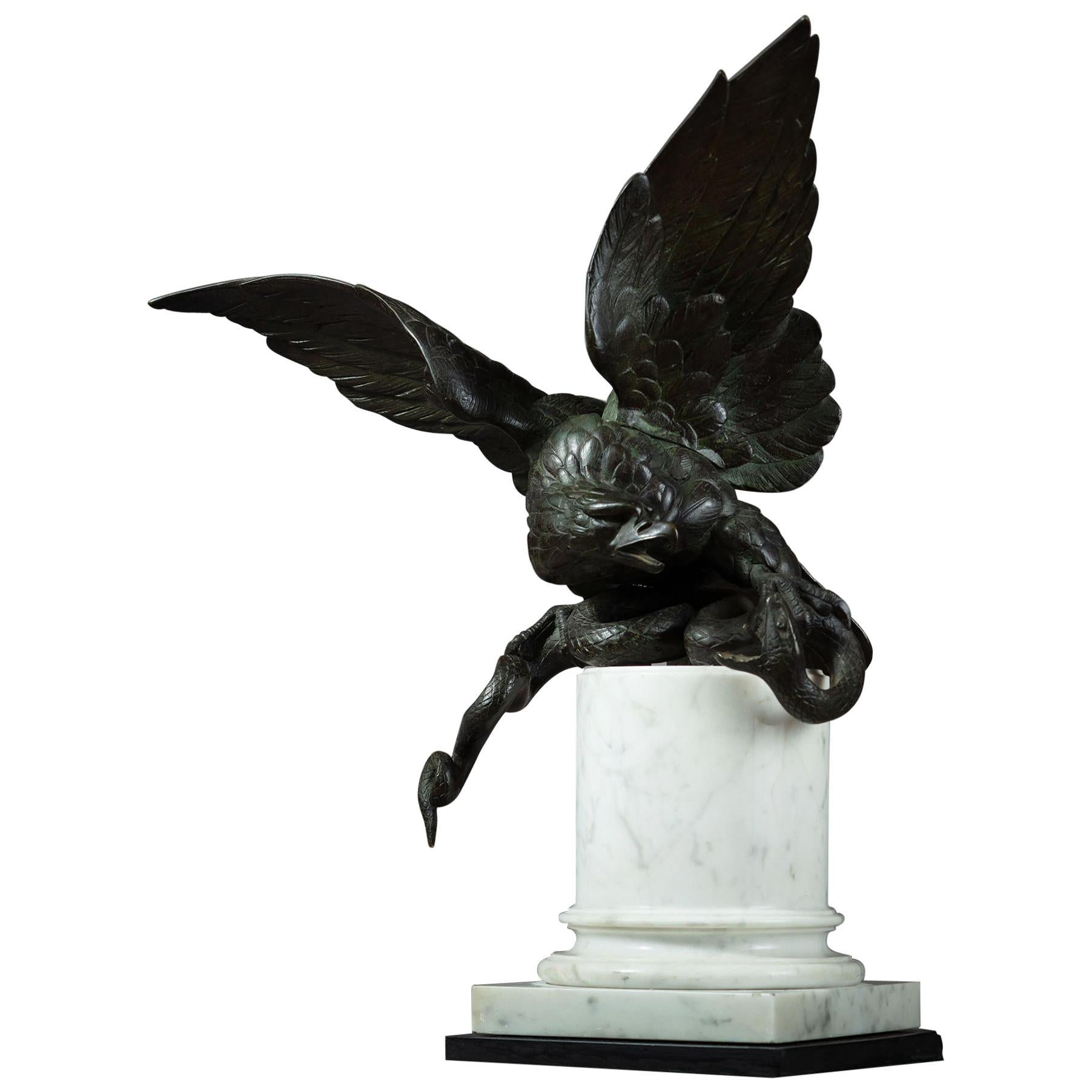 Bronze Sculpture Bird of Prey Fighting a Serpent