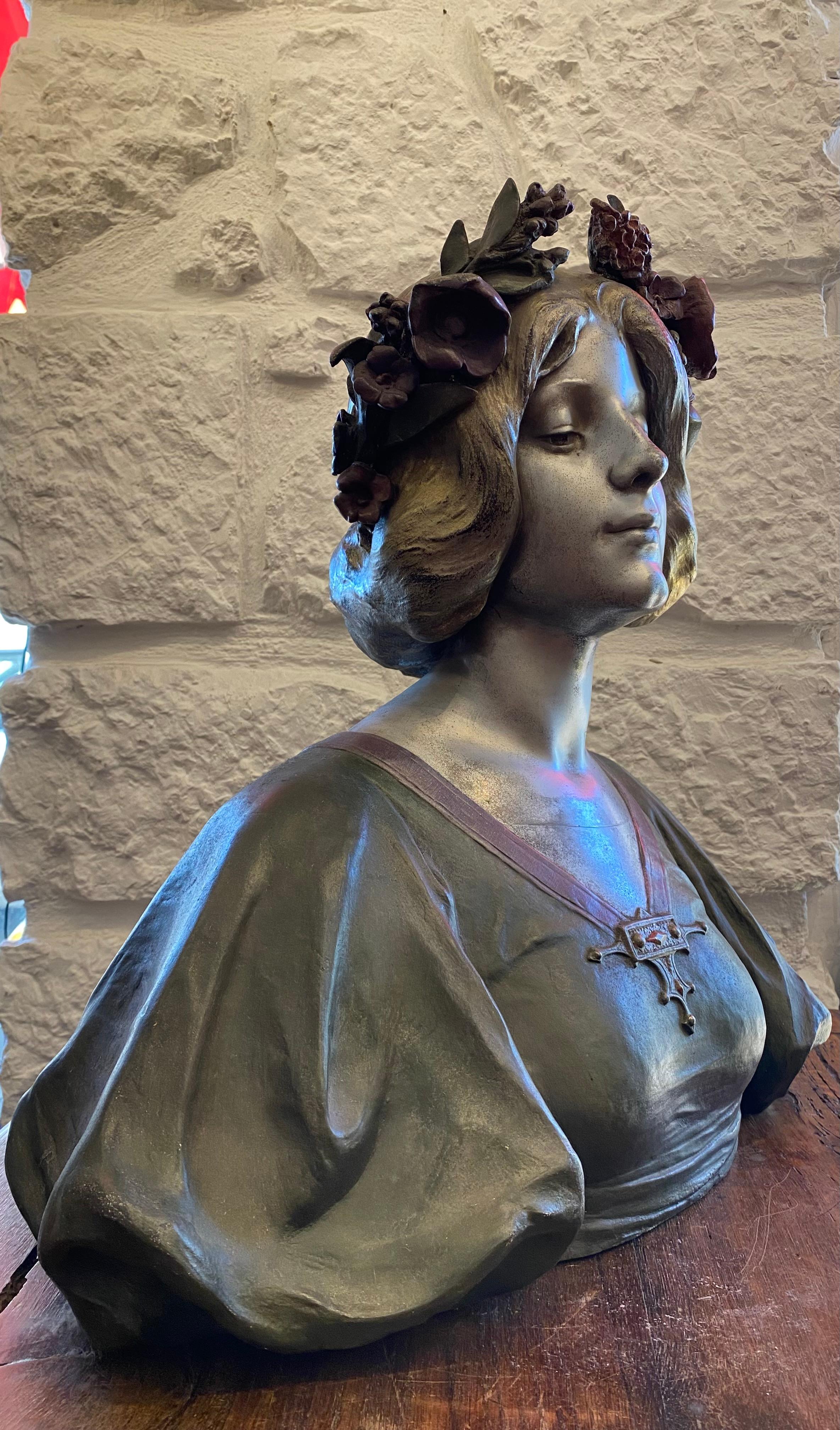 Art Nouveau Bronze Sculpture - Bust Of A Woman - J. Caussé - France - 19th Century For Sale