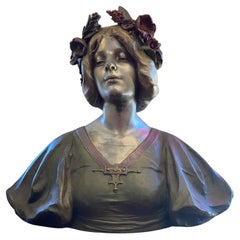 Vintage Bronze Sculpture - Bust Of A Woman - J. Caussé - France - 19th Century