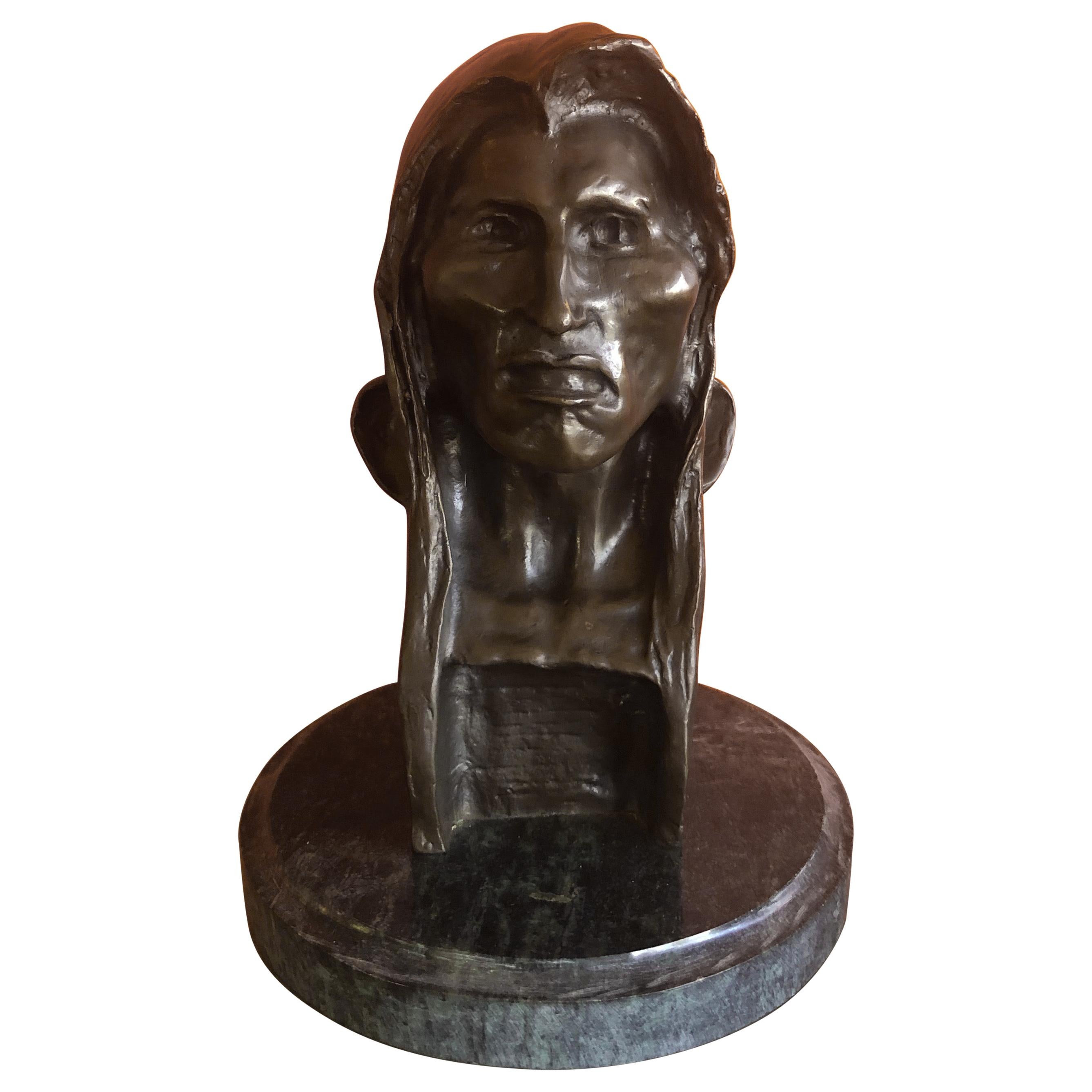 Bronze Sculpture / Bust on Marble Base "The Savage" by Frederic Remington