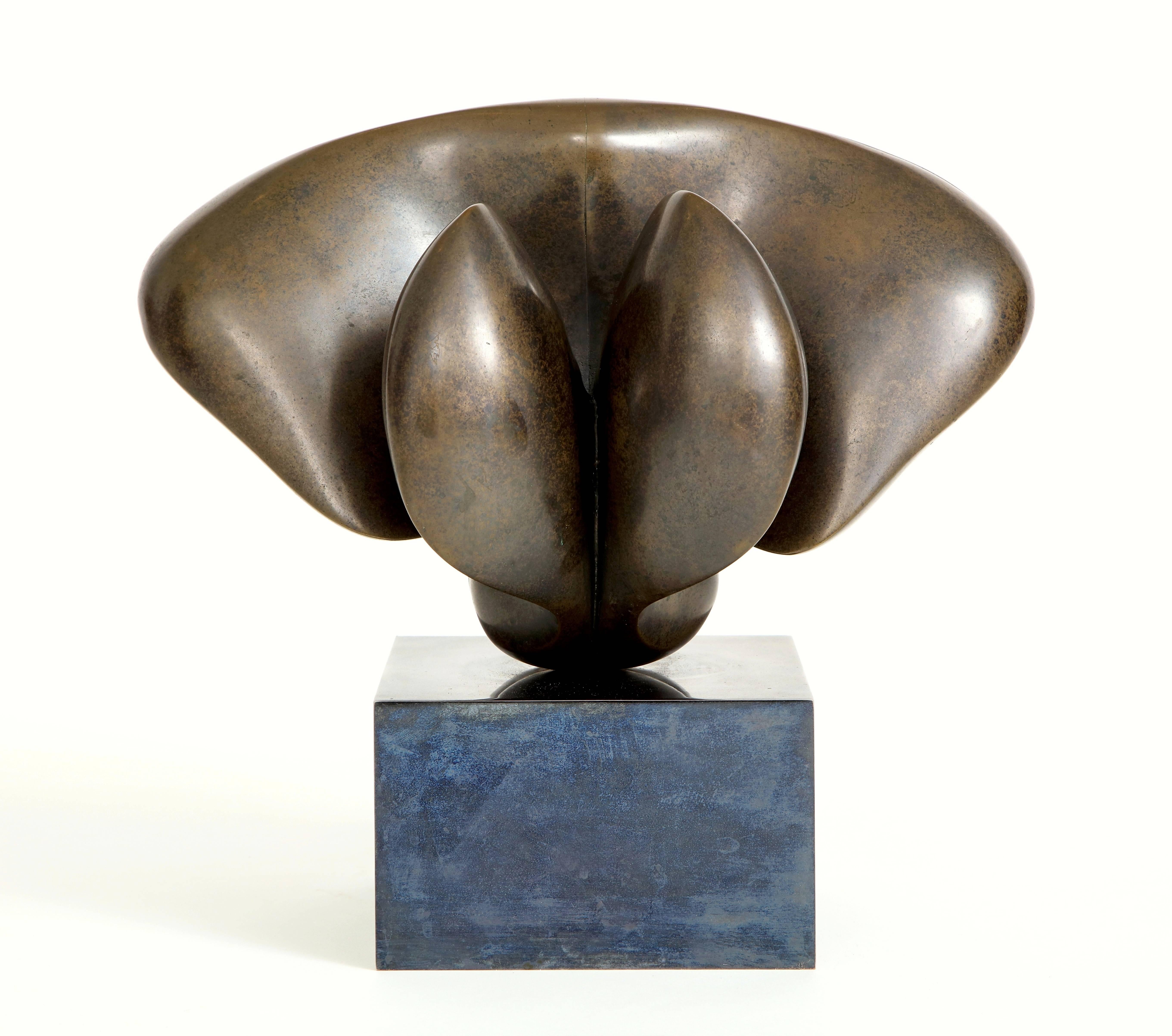 Stunning double-sided large abstract sculpture by Aldo Casanova, circa late 1970s. Called Origin VIII this unique sculpture with it's original patina has amazing beautiful angles from low to high and sits on a gun metal base. 
Casanova has permanent