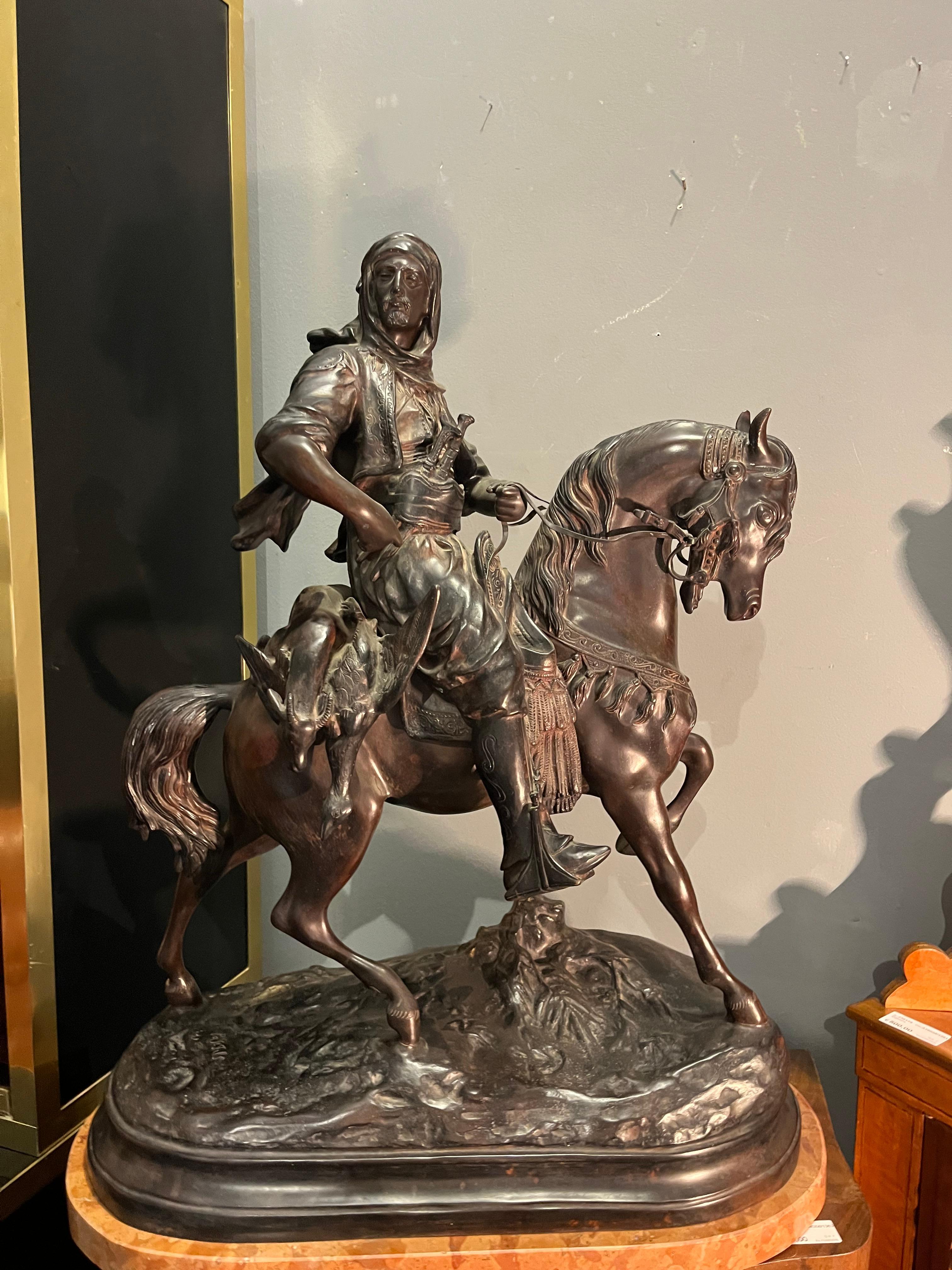There is a powerful and silent energy that emanates from this bronze sculpture by Alfred Barye, a work that captures the romantic spirit and wild elegance of nineteenth-century Orientalism. The knight, proud and alert, guides his steed with an