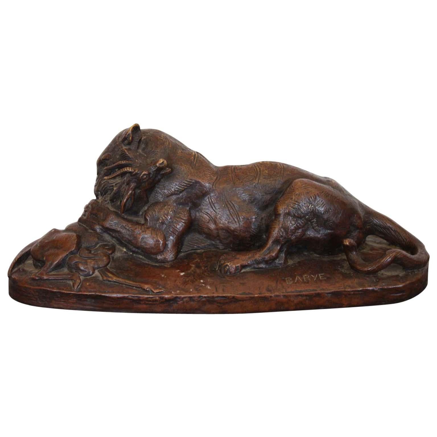 Bronze Sculpture by Barye "Lion Eating Antelope" Signed 19th Century For Sale