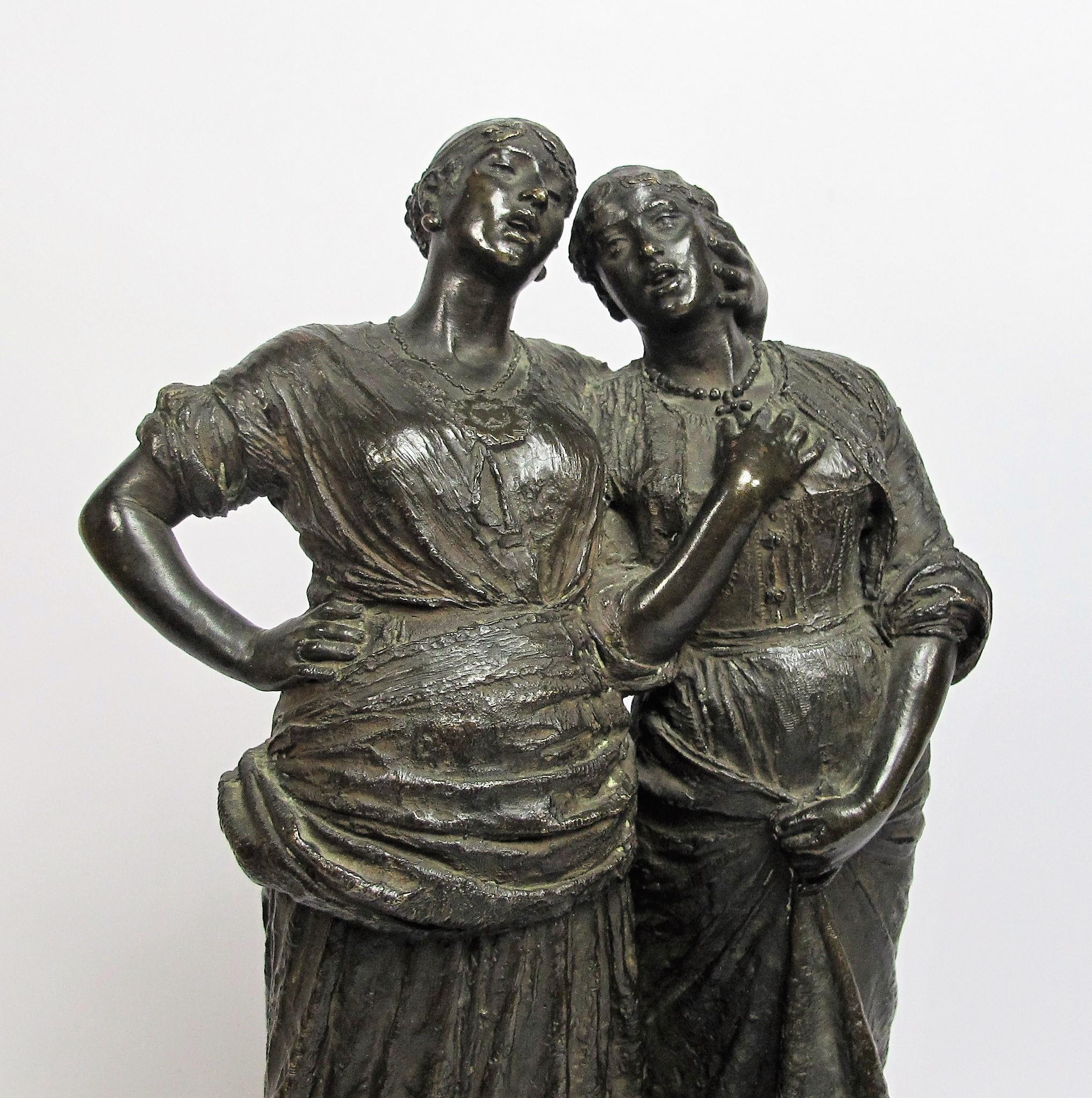 Very rare bronze sculpture according to the lost wax technique of Costantino Barbella (1852-1925) depicting two young Italian women singing a love song. This group patinated bronze medal is breathtaking realism and quality chiseled, signed on the