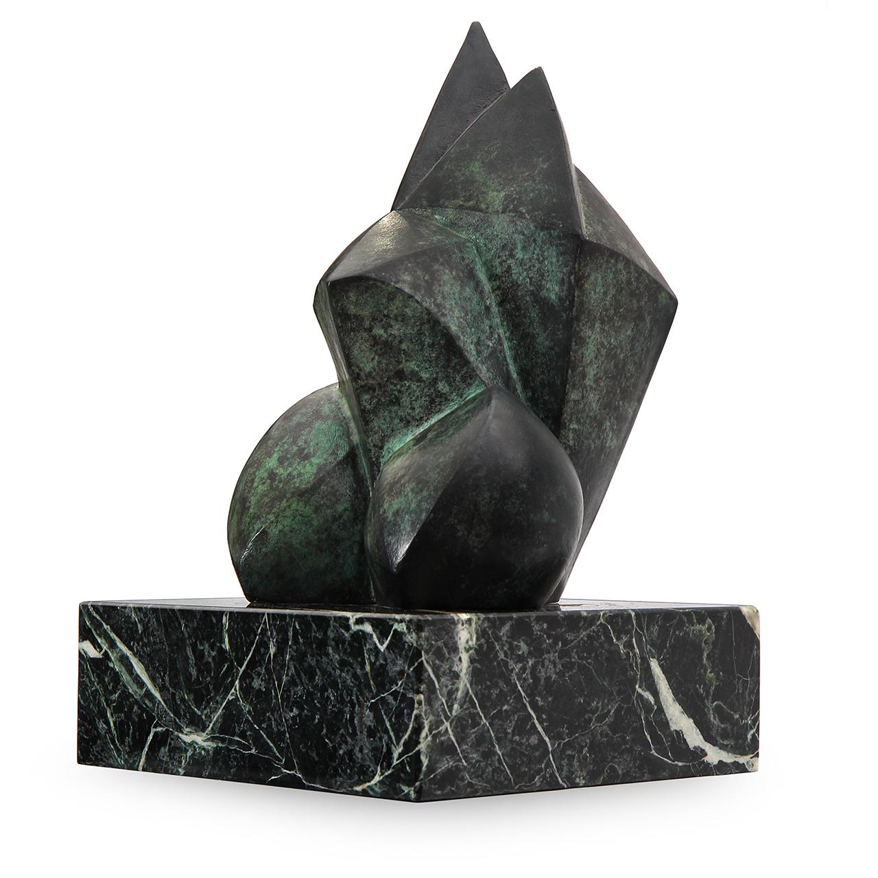 A unique and surrealistic verdigris bronze sculpture on a marble base by Erwin Kalla.