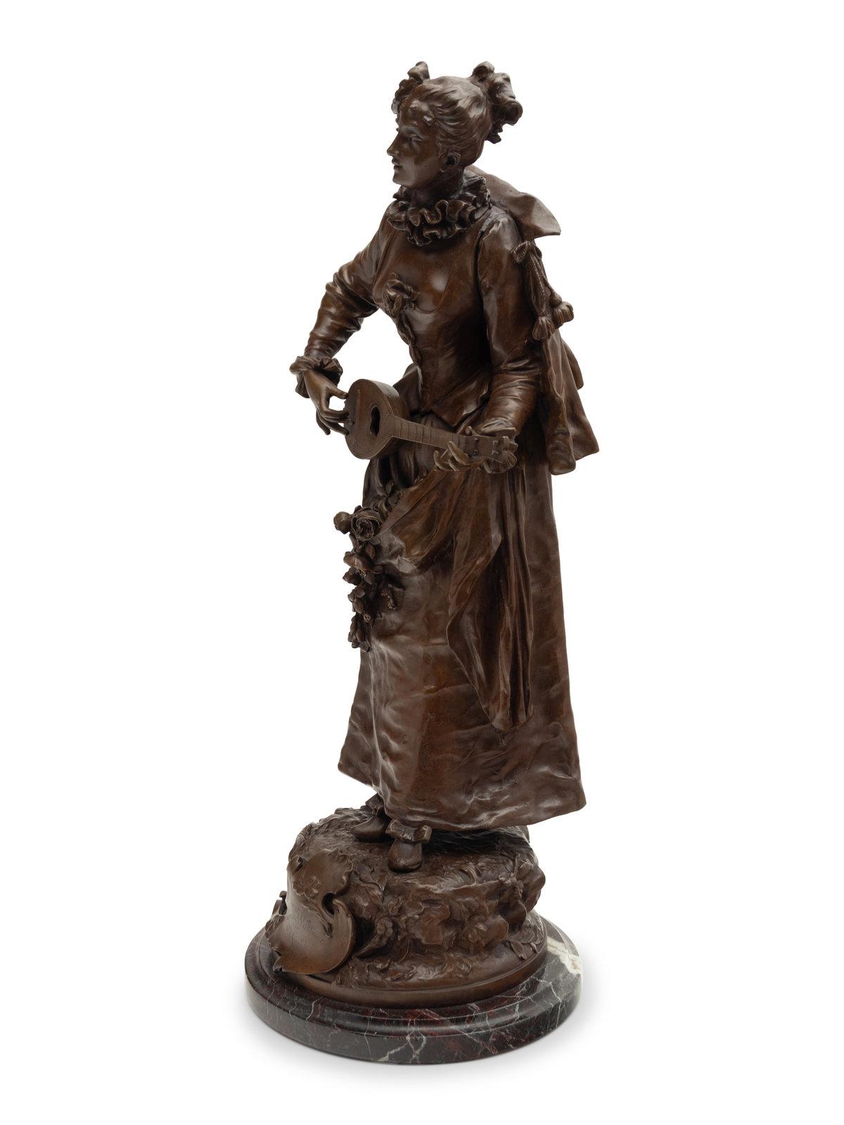 Bronze sculpture with shaded brown patina representing a young woman playing the mandolin. Beautiful early edition proof, titled in a cartouche 