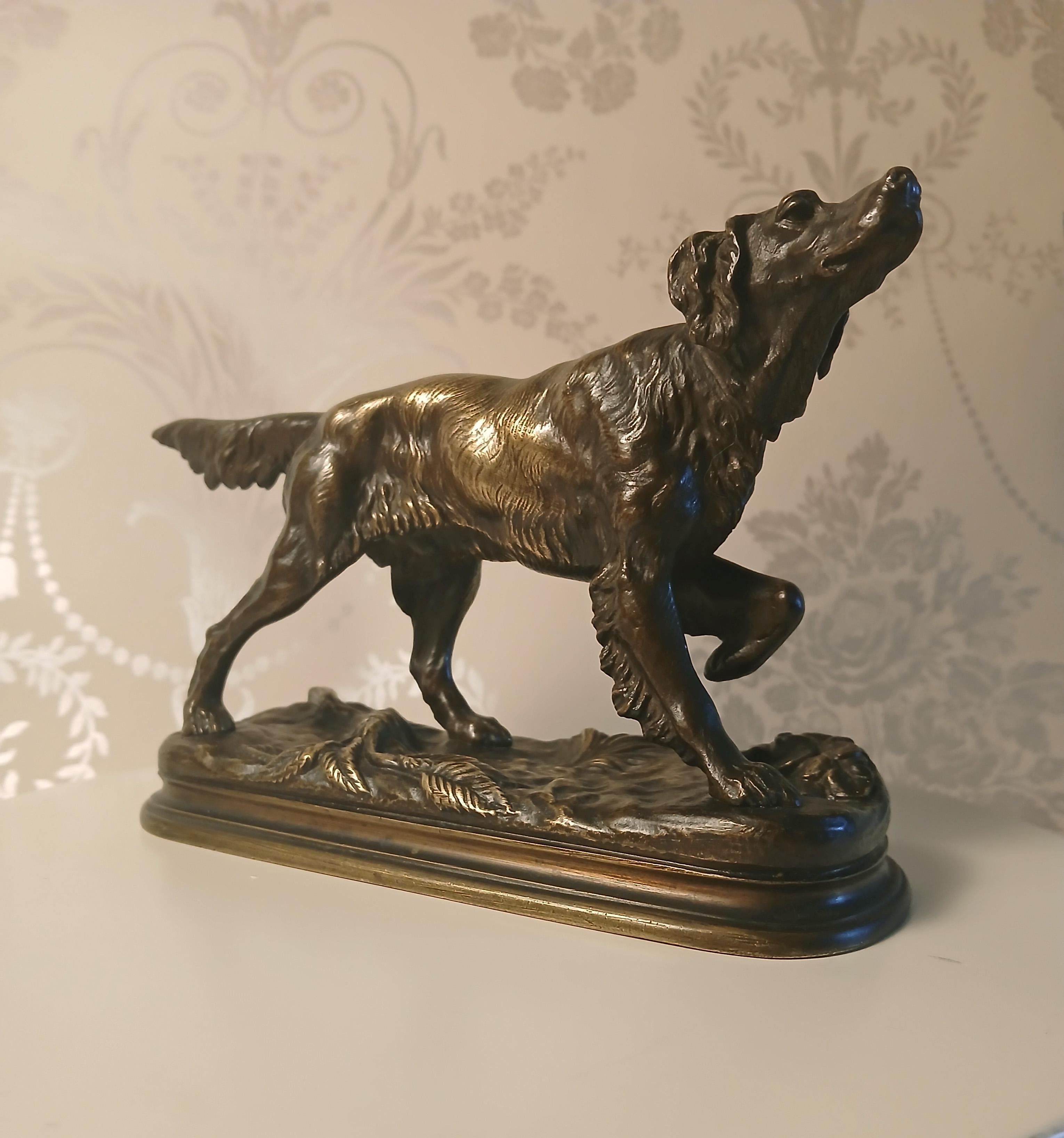 Un'antica scultura in bronzo di Jules Moigniez (1835-1894) - Spaniel da caccia del XIX secolo: Questa scultura in bronzo raffigura un cane da caccia fermo (uno spaniel) ed è firmata 