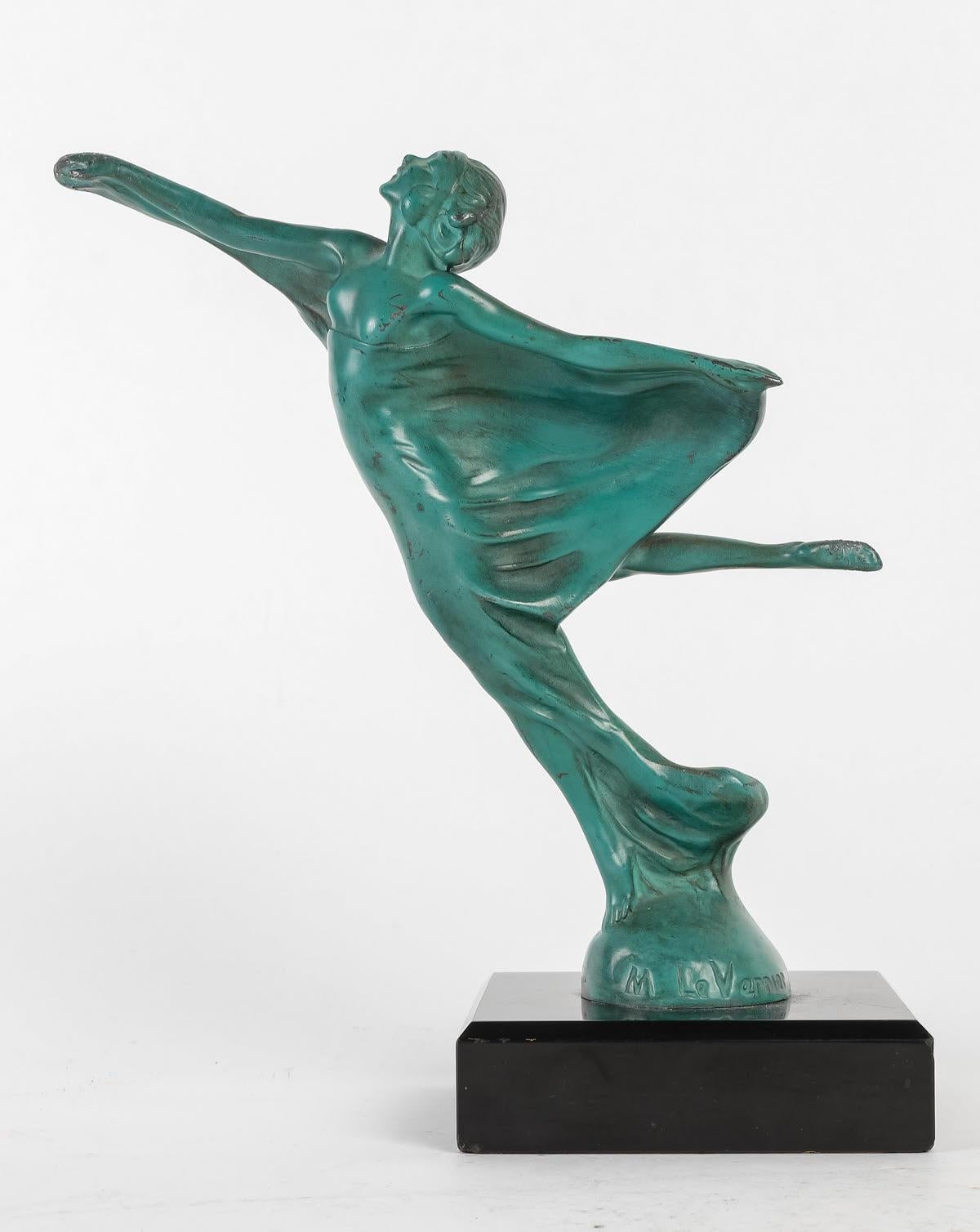 Bronze sculpture by Max Leverrier, circa 1930.

Art Deco sculpture by Max Leverrier, circa 1930, marble base, green patina.
H: 20cm, W: 19cm, D: 9cm