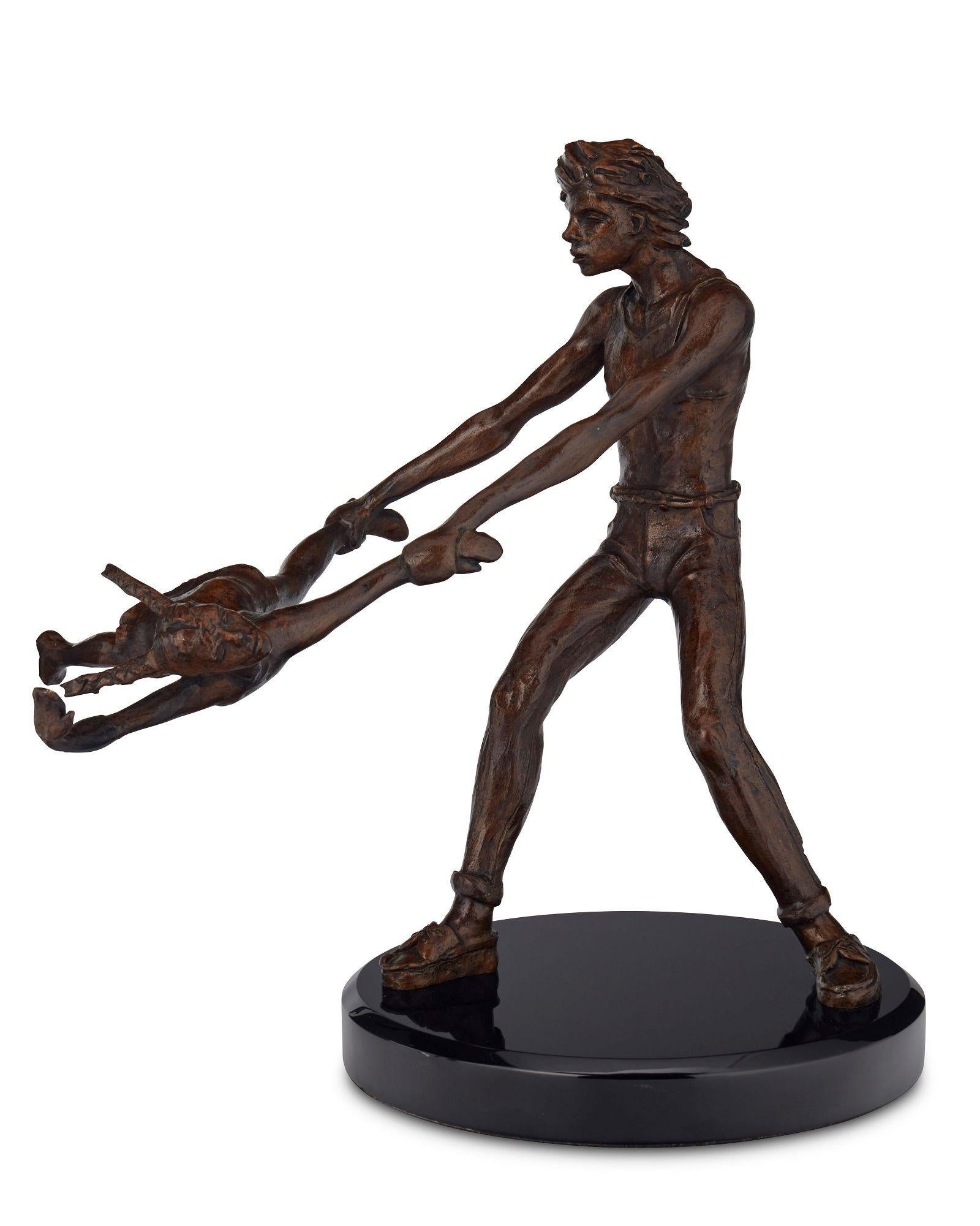 Introducing the exceptional Bronze Sculpture by the renowned artist Victor Salmones (1937-1989). This exquisite piece showcases a captivating scene of a man swinging a little girl from her arm and foot.
 Crafted with meticulous attention to detail,