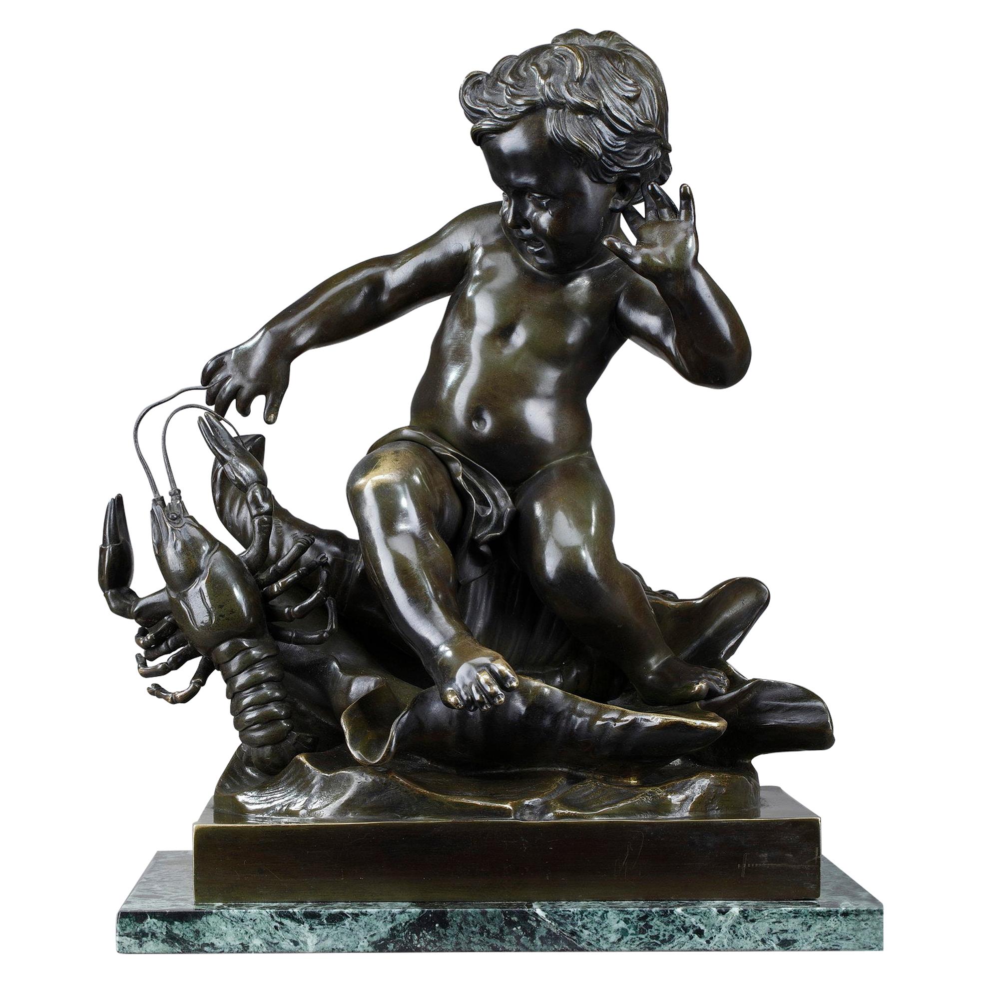 Bronzeskulptur eines Kindes, „Child pinched by a crayfish“, nach Jean-Baptiste Pigalle