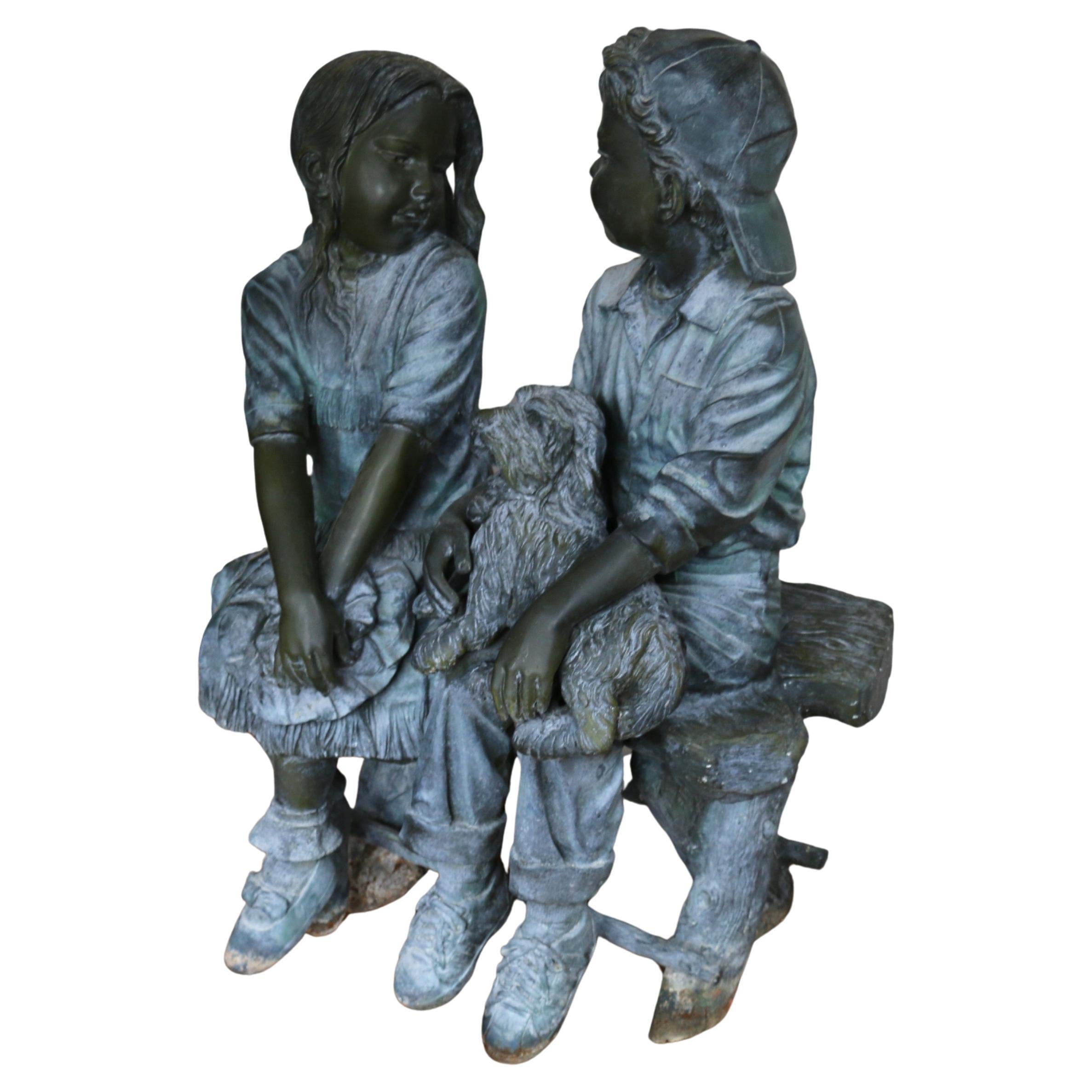 Bronze Sculpture "Children and Dog on Bench" by the American Artist Jim Davidson
