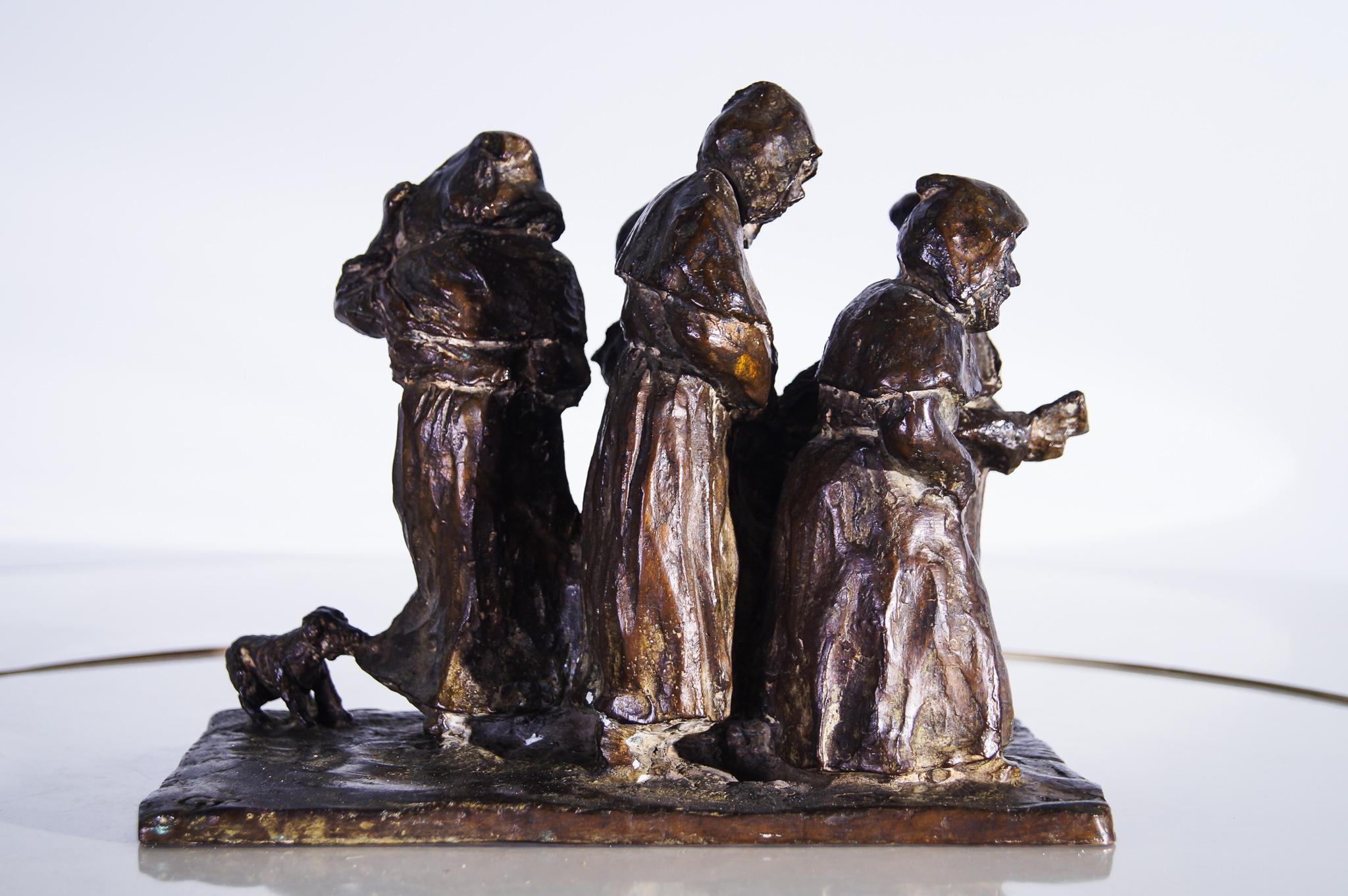 Mid-Century Modern Bronze Sculpture Christian Monks, Signed, 8kg