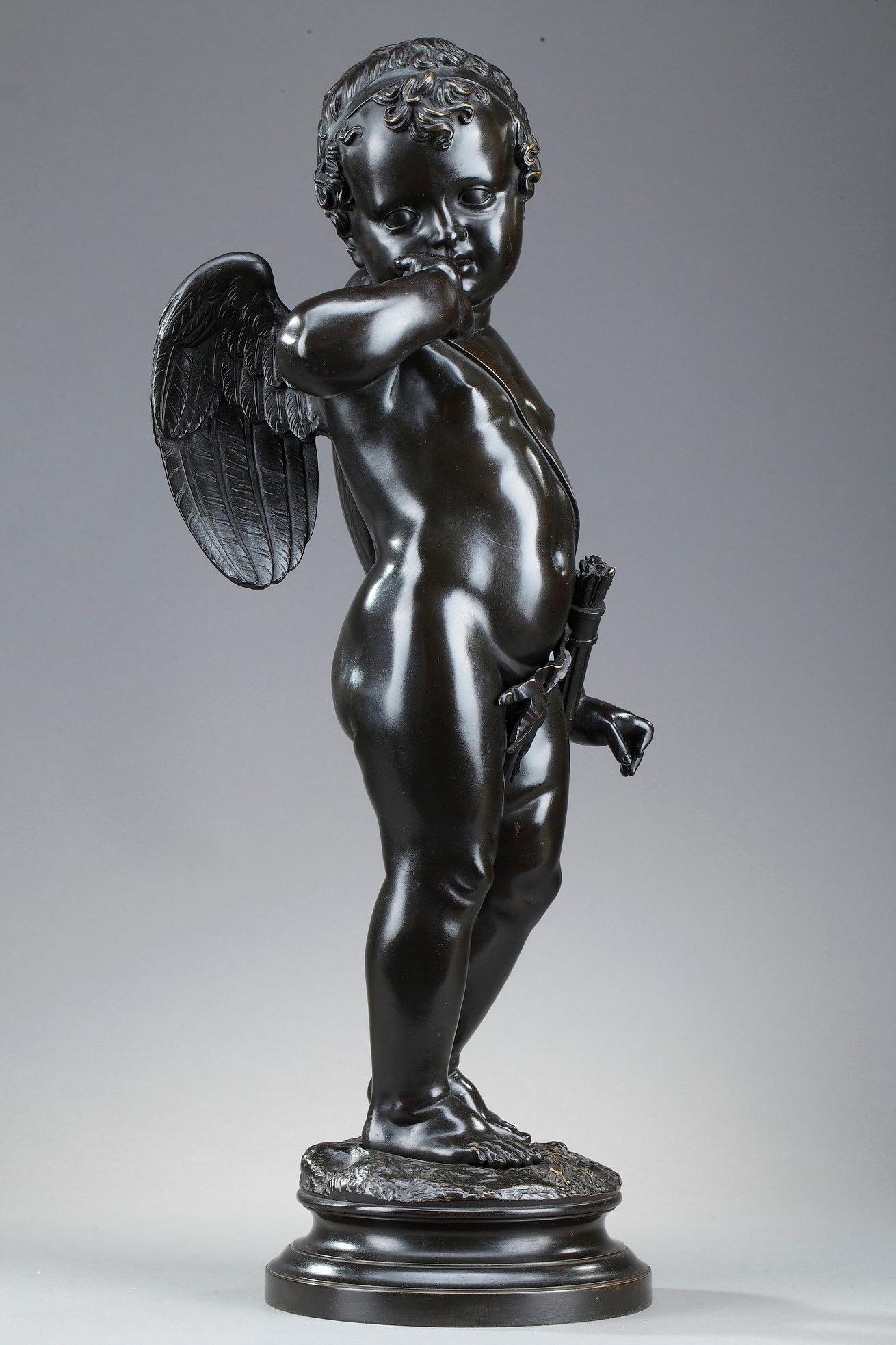 Français Sculpture en bronze, « Cupidon » d'après Jean-Baptiste Pigalle