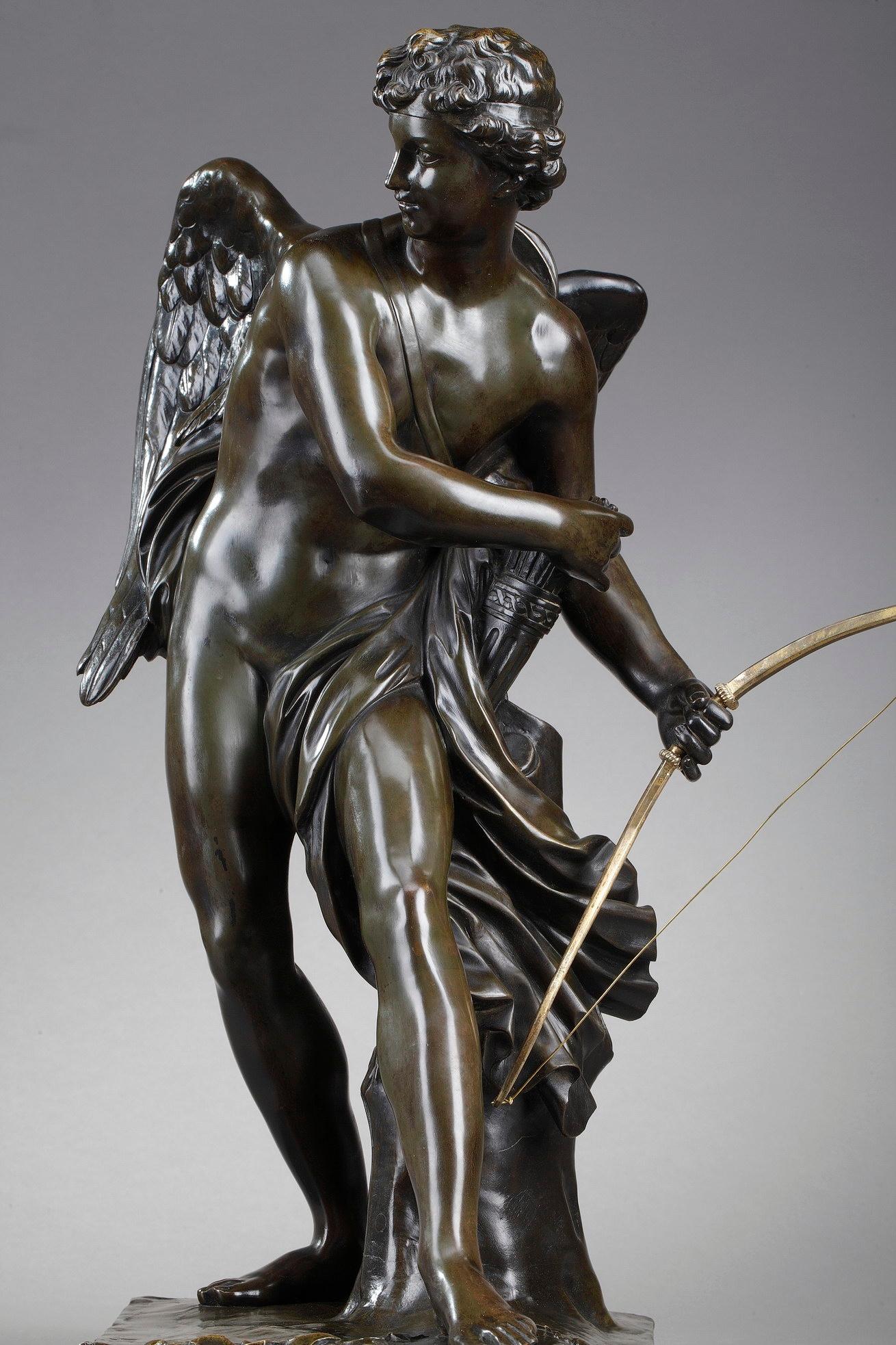 French Bronze Sculpture Cupid Preparing to Shoot an Arrow