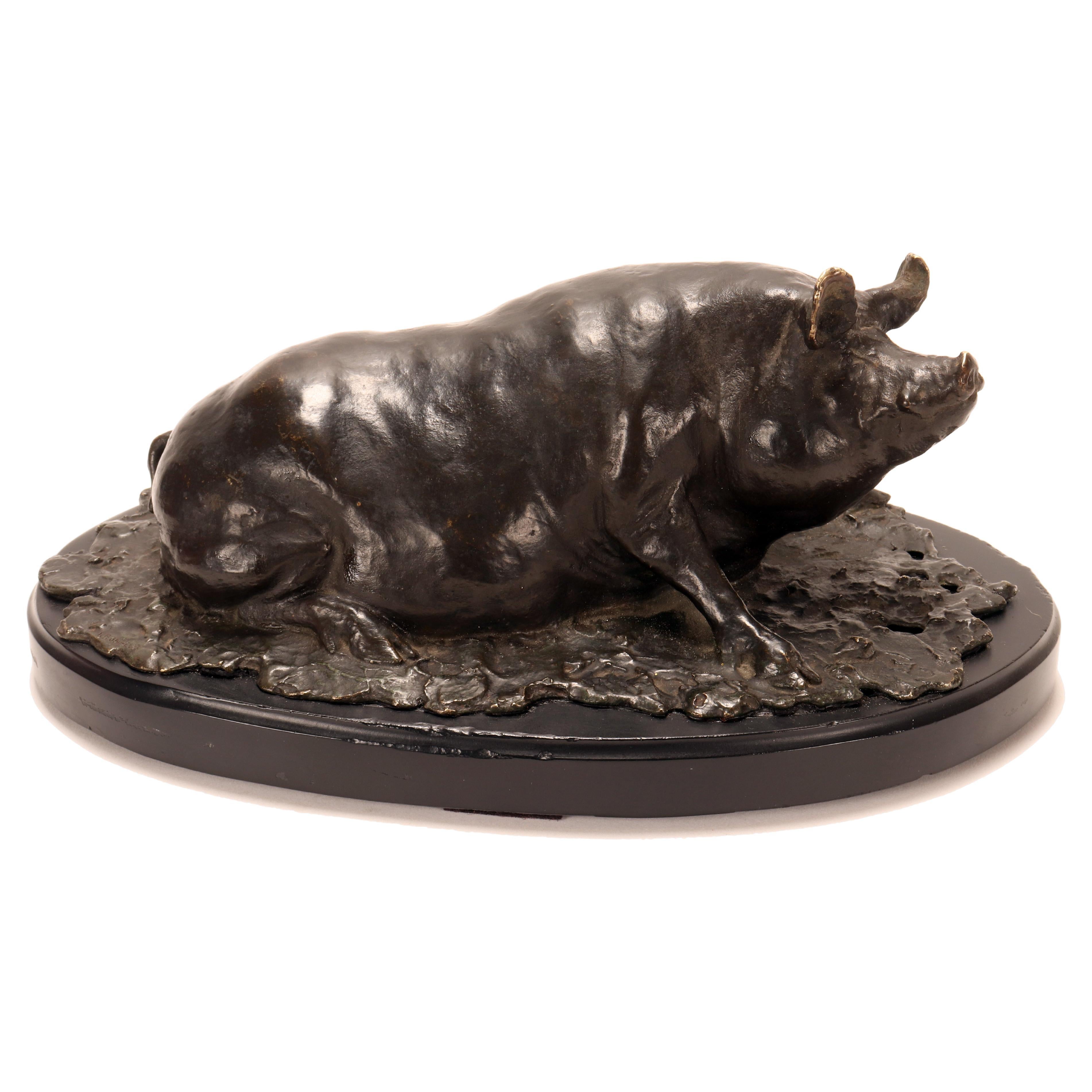 Bronze sculpture depicting a pig or sow, signed I. Bonheur, France 1870.