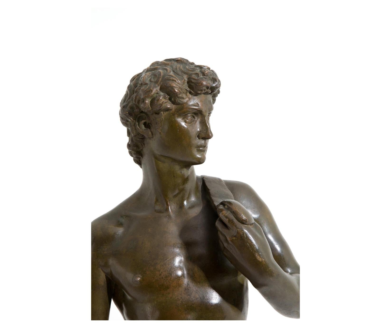 Hand-Crafted Bronze Sculpture depicting ''DAVID''.  Green Marble Base  Late 19th century.  For Sale