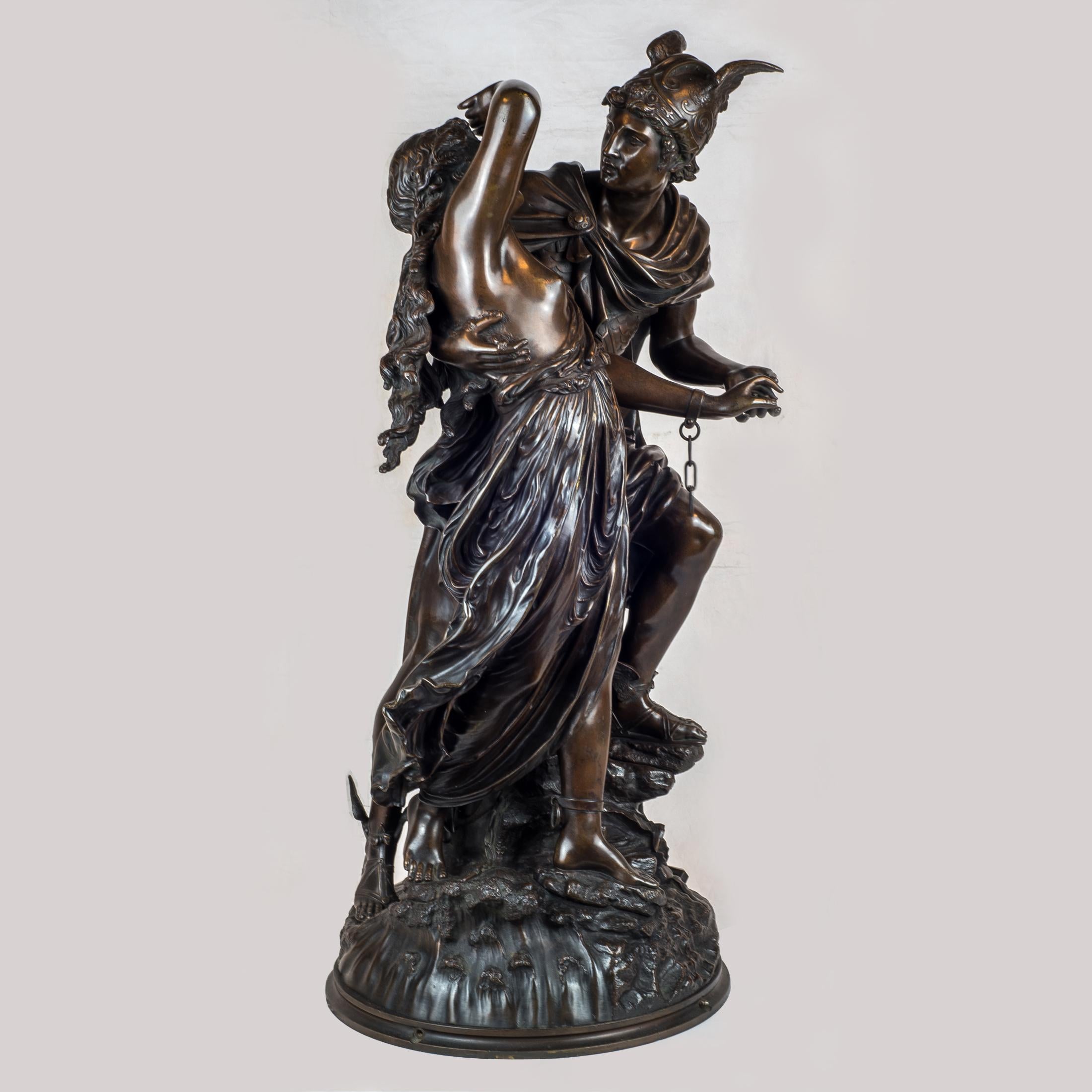 Jean-Léon Grégoire started to exhibit at the Salon in 1867. He was famous for his high quality chiseled finish of his bronze figures as seen in his most well-known works, L'Allegro, Mozart infant, and Perseus and Andromeda.
signed L.