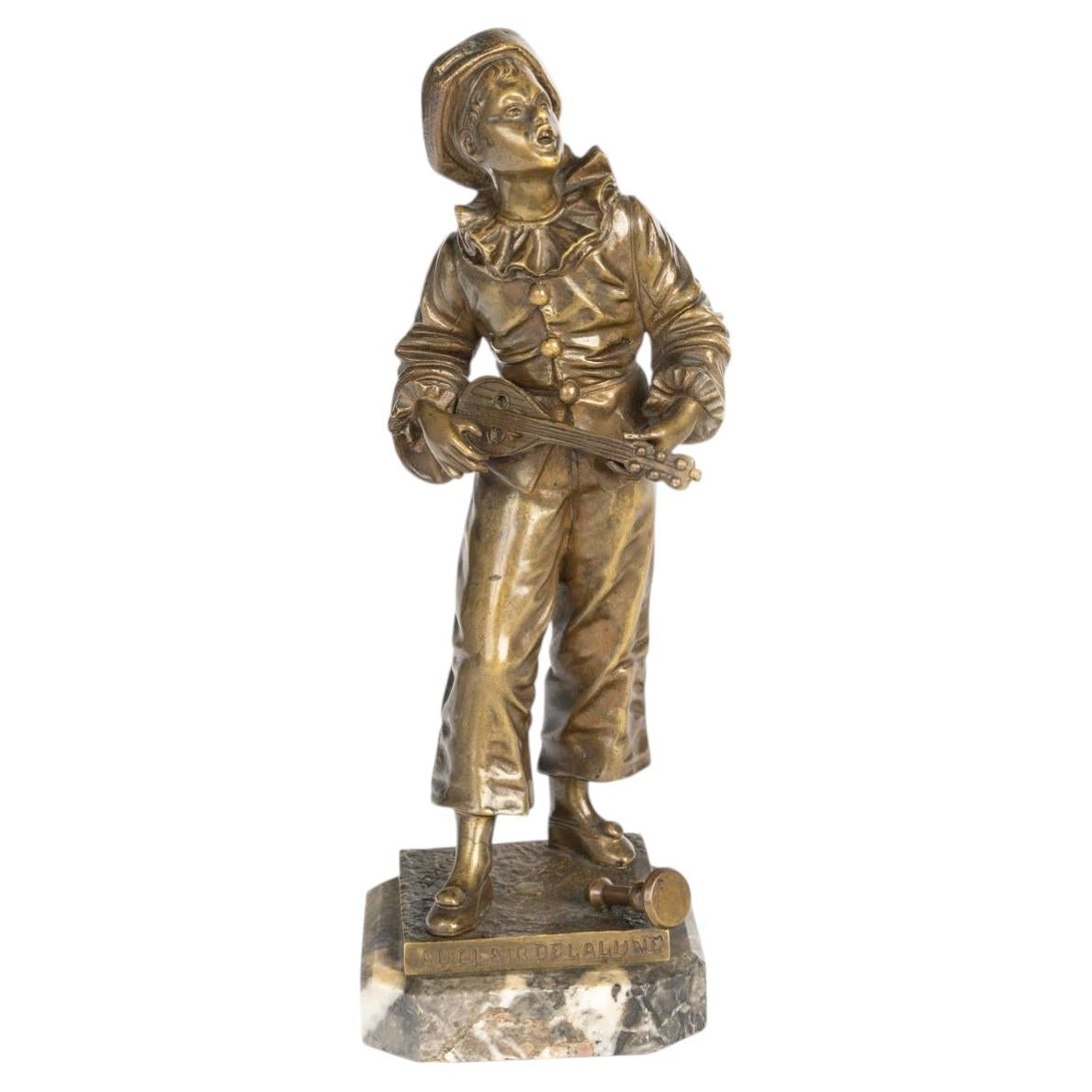 Bronze Sculpture Depicting Pierrot Singing In The Moonlight, Early 20th Century. For Sale