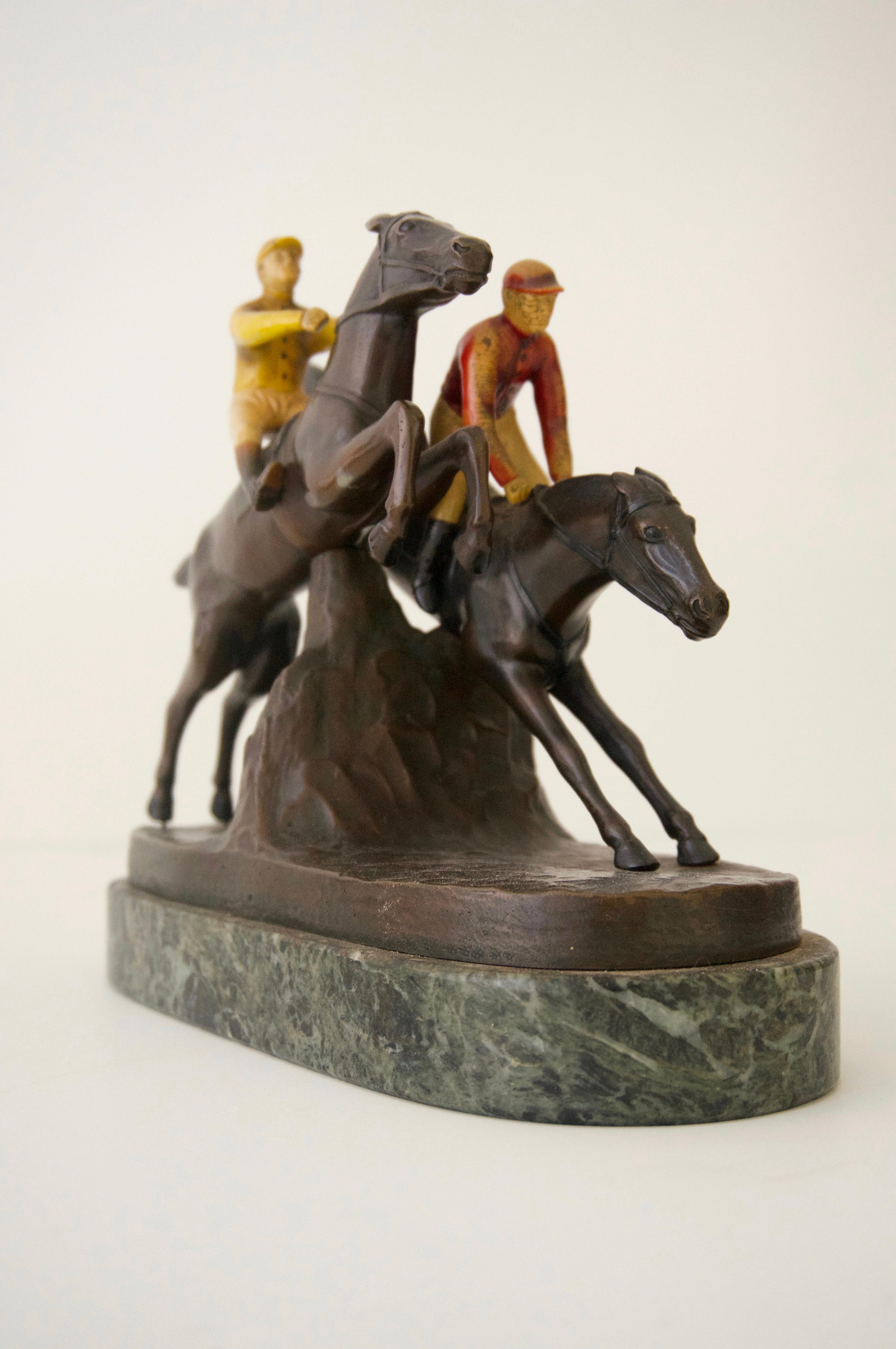 This stylish bronze equestrian sculpture dates to turn of the 19th century and was created by Hans Harders, and here Harders has captured the energy, speed and grace of the English steeple chase. 

Note: Signed HARDERS on the base (see