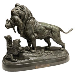 Scultura in bronzo "Famiglia di leoni" di Paul Édouard Delabrierre