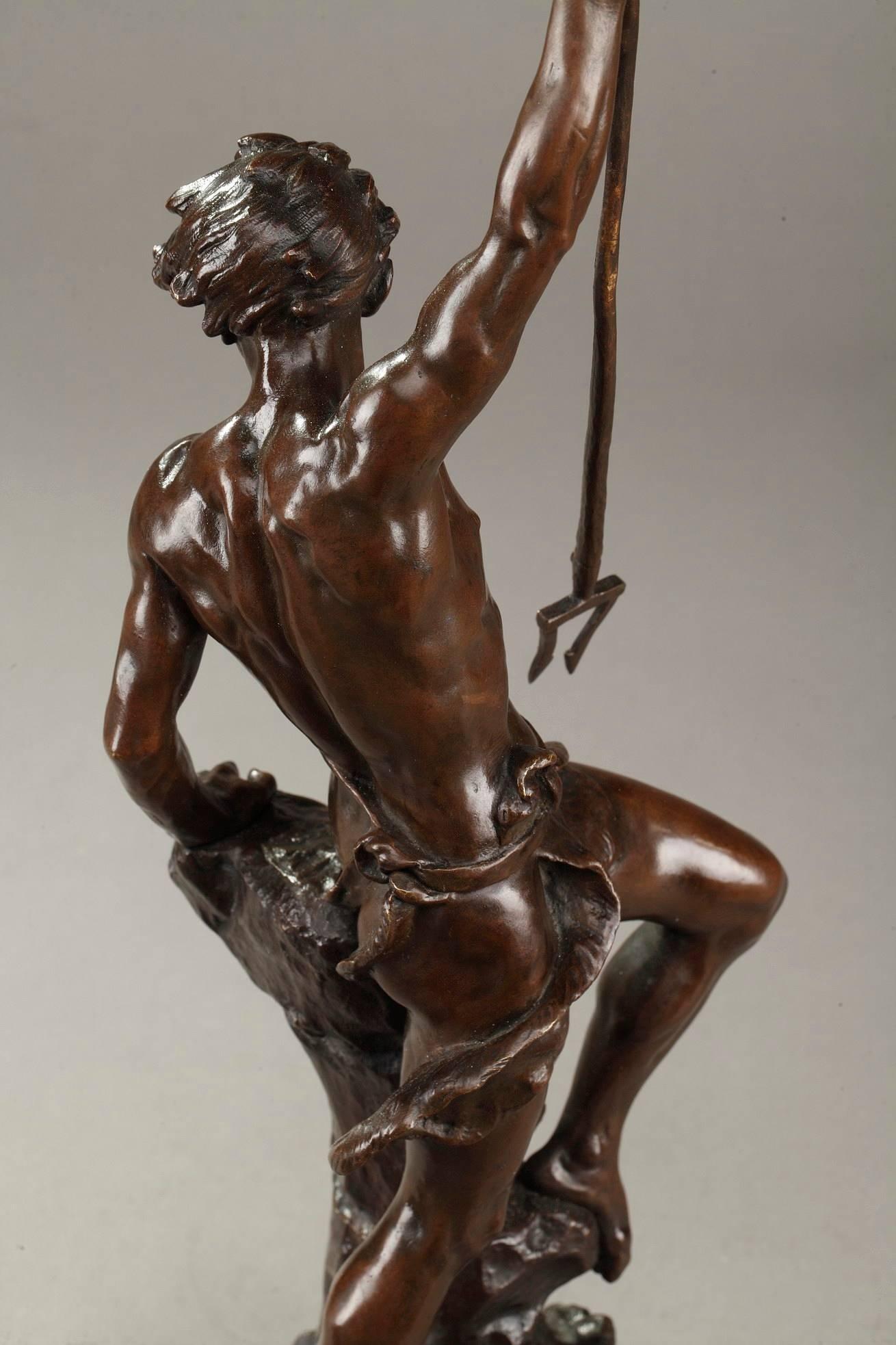 French Bronze Sculpture Fisherman with Harpoon by Ernest Justin Ferrand
