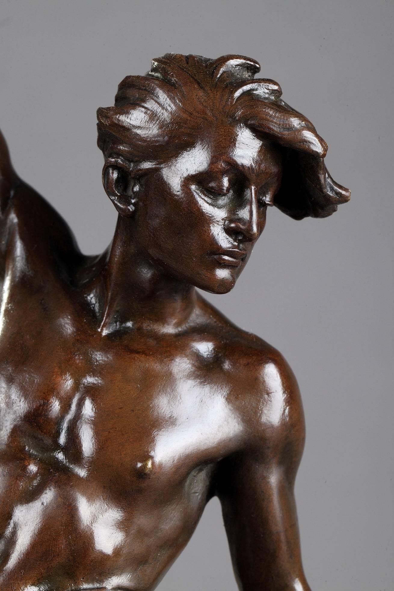 Patinated Bronze Sculpture Fisherman with Harpoon by Ernest Justin Ferrand