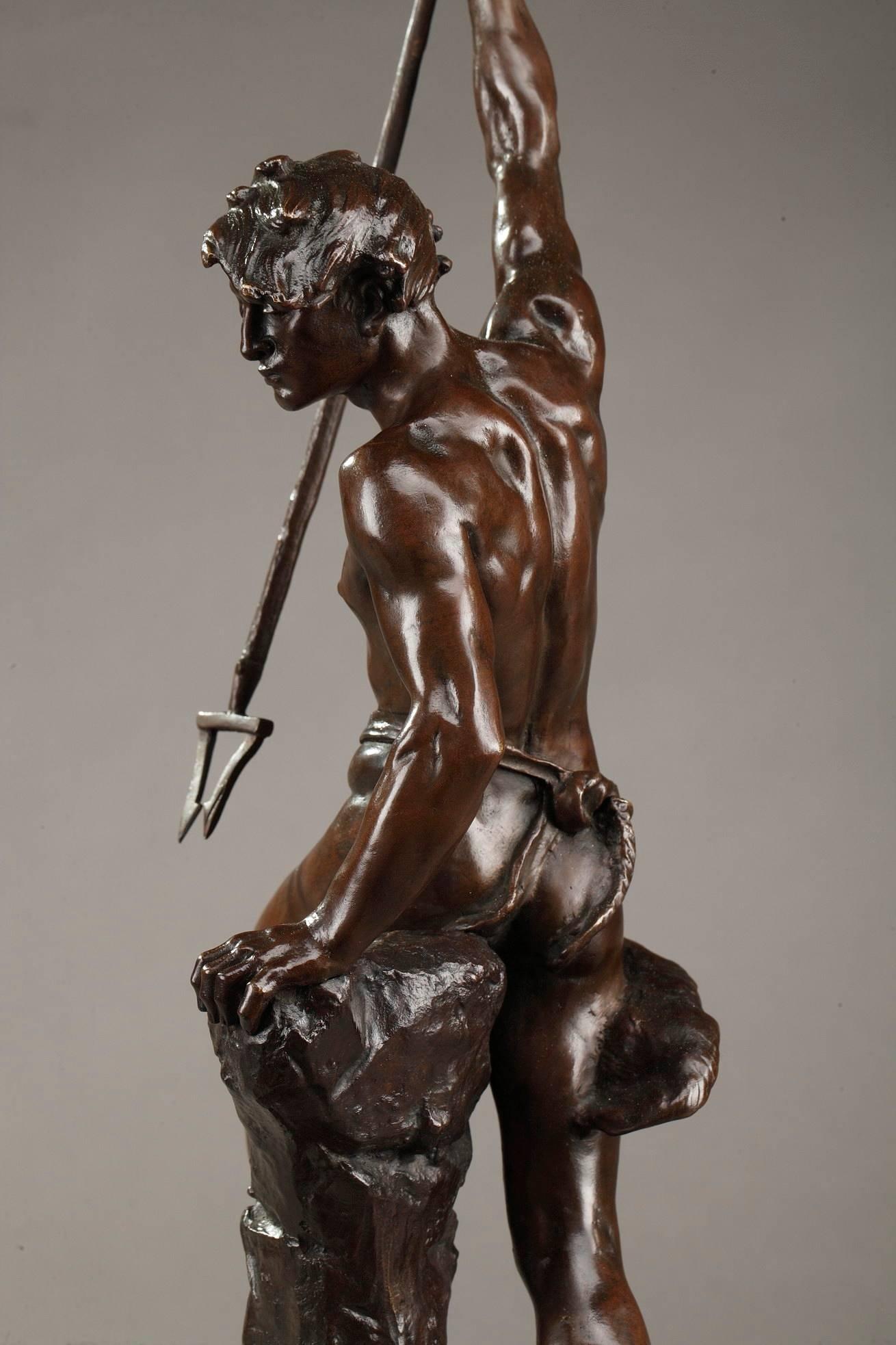 19th Century Bronze Sculpture Fisherman with Harpoon by Ernest Justin Ferrand