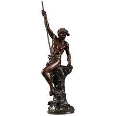 Antique Bronze Sculpture Fisherman with Harpoon by Ernest Justin Ferrand
