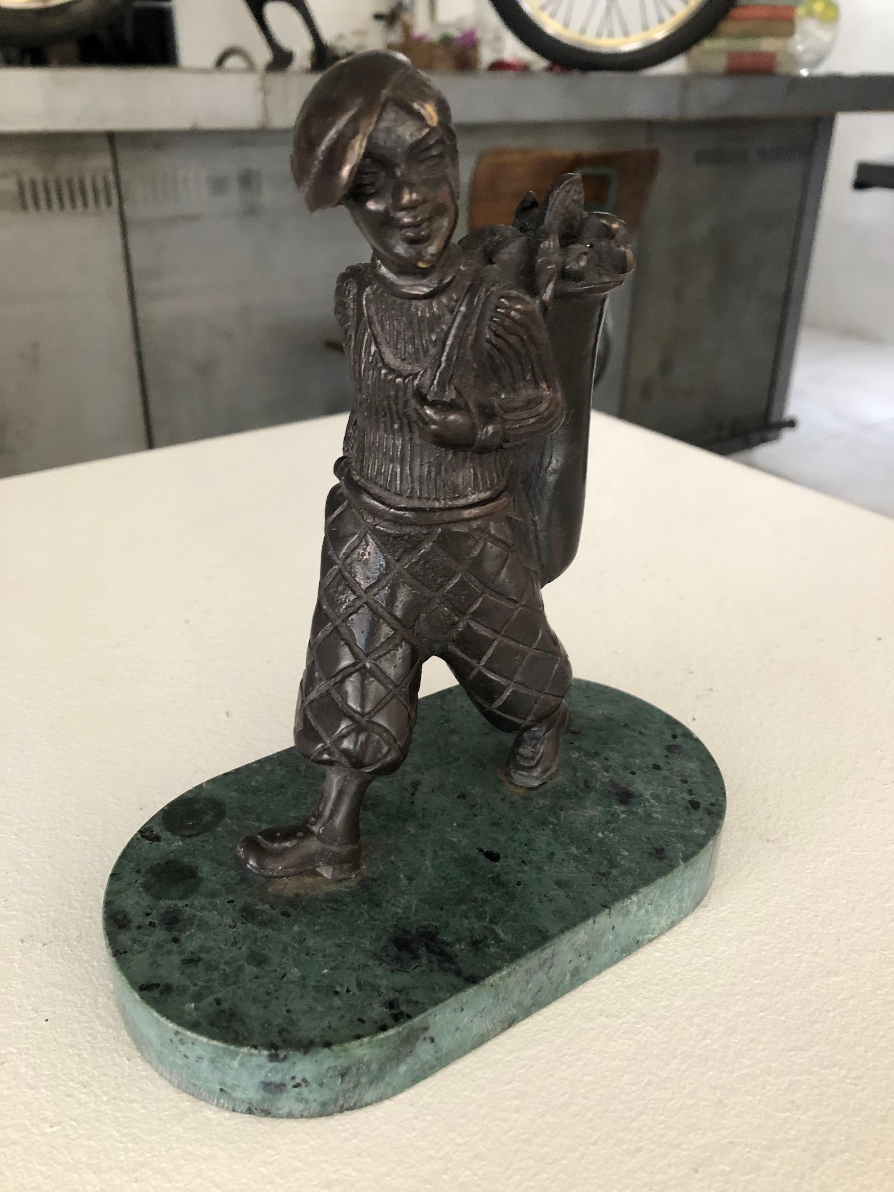 Vintage bronze sculpture with original patina on marble base, Europe, circa 1920s.