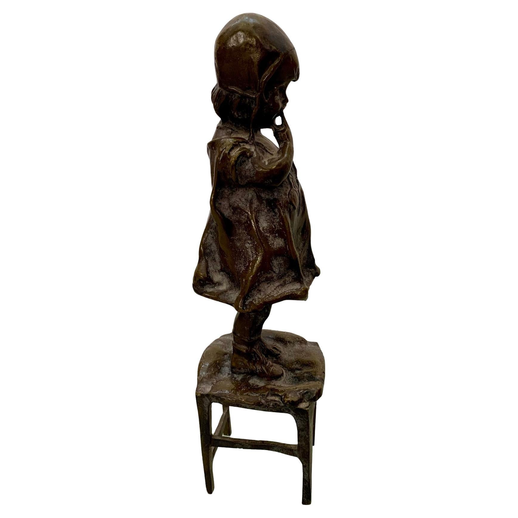 Bronze sculpture "Girl on a Chair" by Spanish sculptor Juan Clara, 1920s