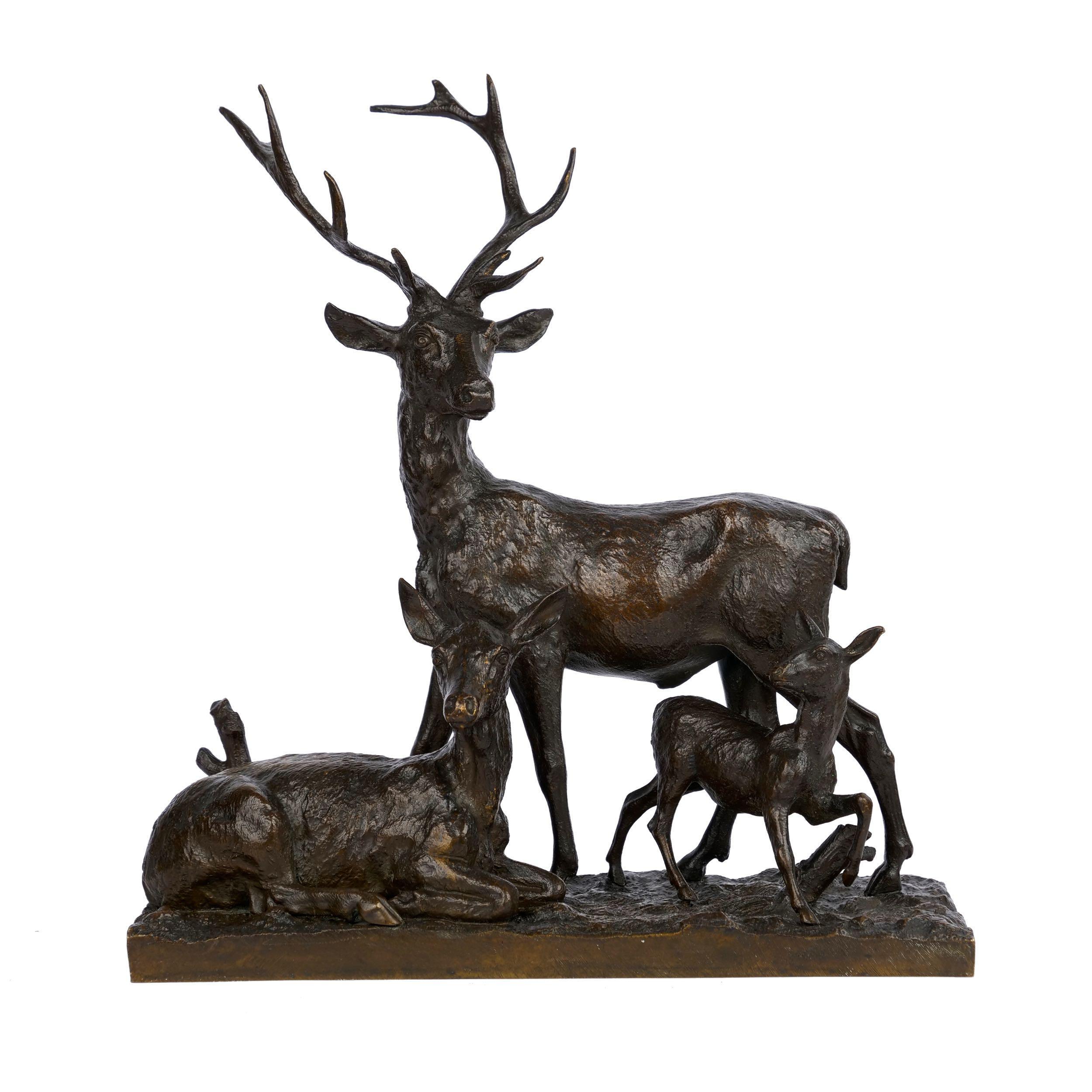 A finely executed lifetime cast depicting a Family of Deer, the work is immediately recognizable as the product of Fratin's vivid imagination. The length of each deer's body in this peaceful group is beautifully textured and chaotic, Fratin's