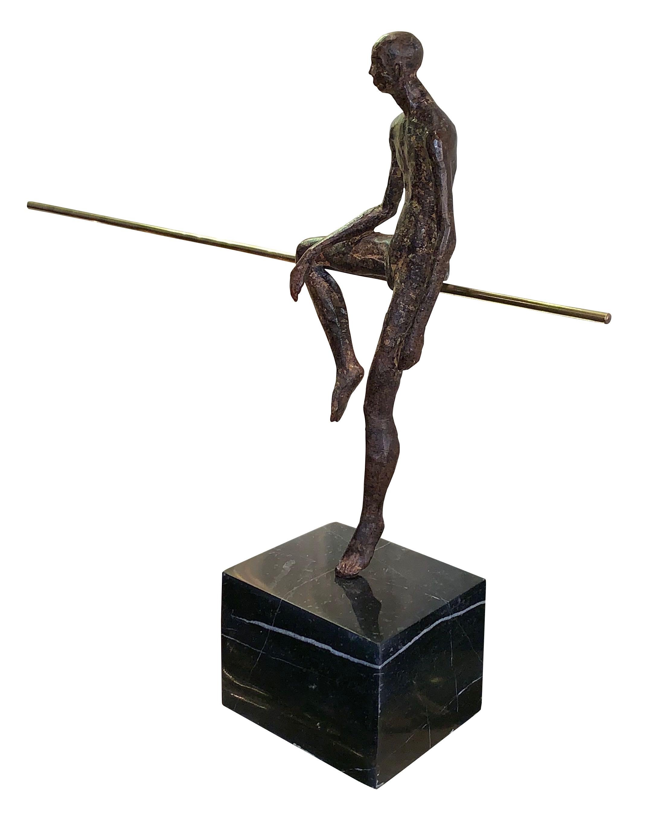 Contemporary German bronze sculpture of half seated man
Beautiful patina
Brass rod
Marble base measures: 5 