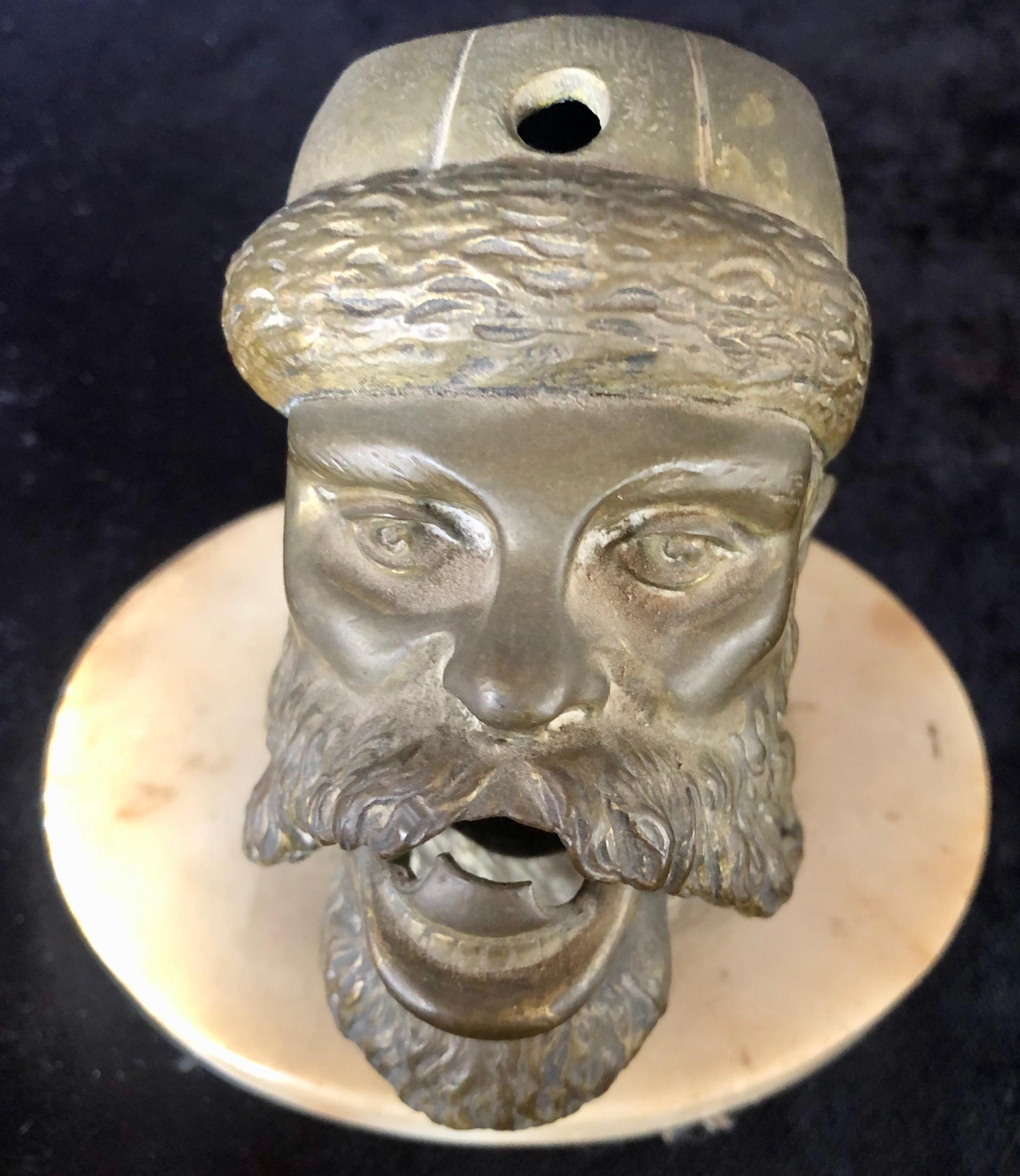 Arts and Crafts Bronze Sculpture Head Cigar Cutter on Marble Base, Tobacco Collectibles