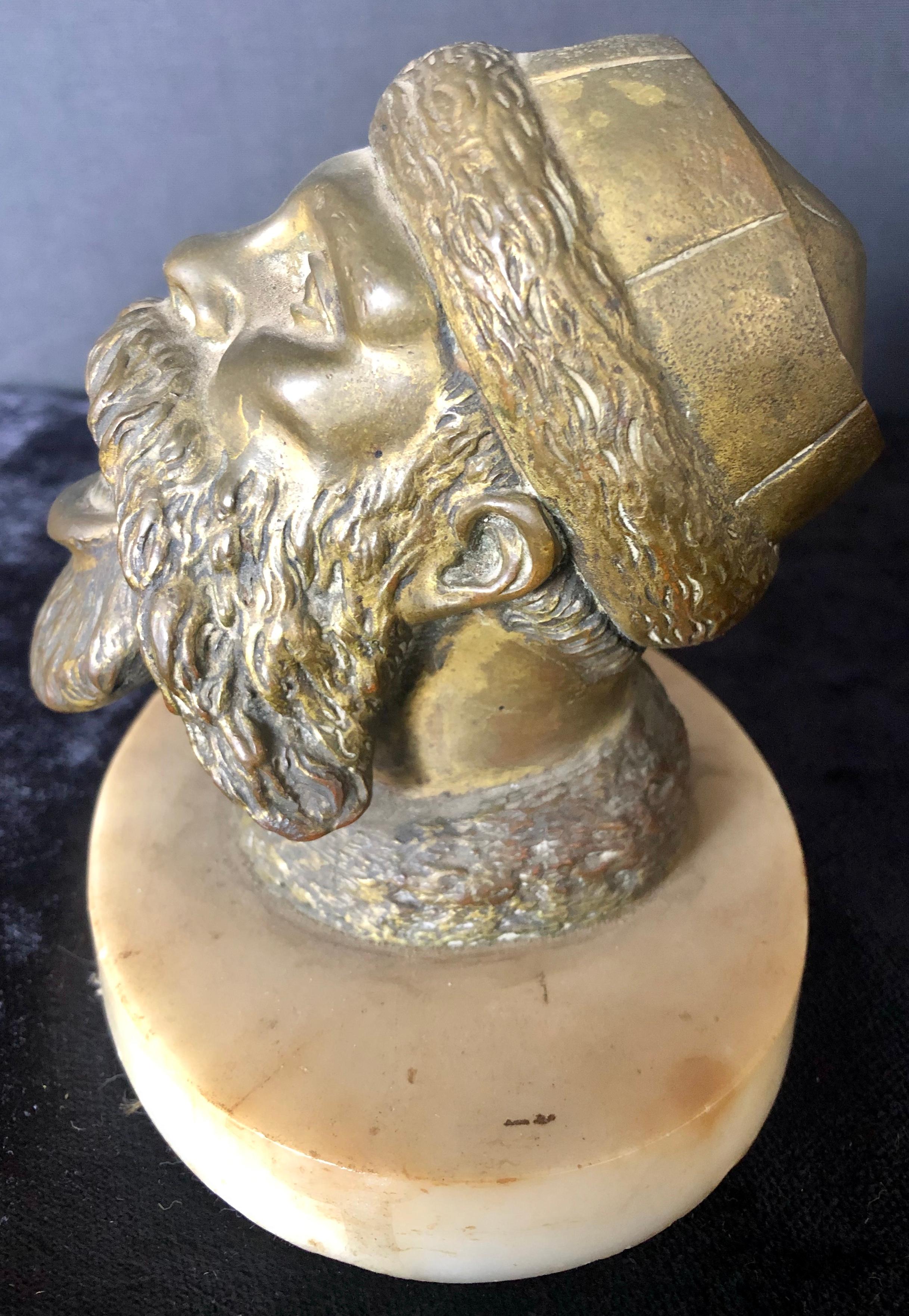 Brass Bronze Sculpture Head Cigar Cutter on Marble Base, Tobacco Collectibles