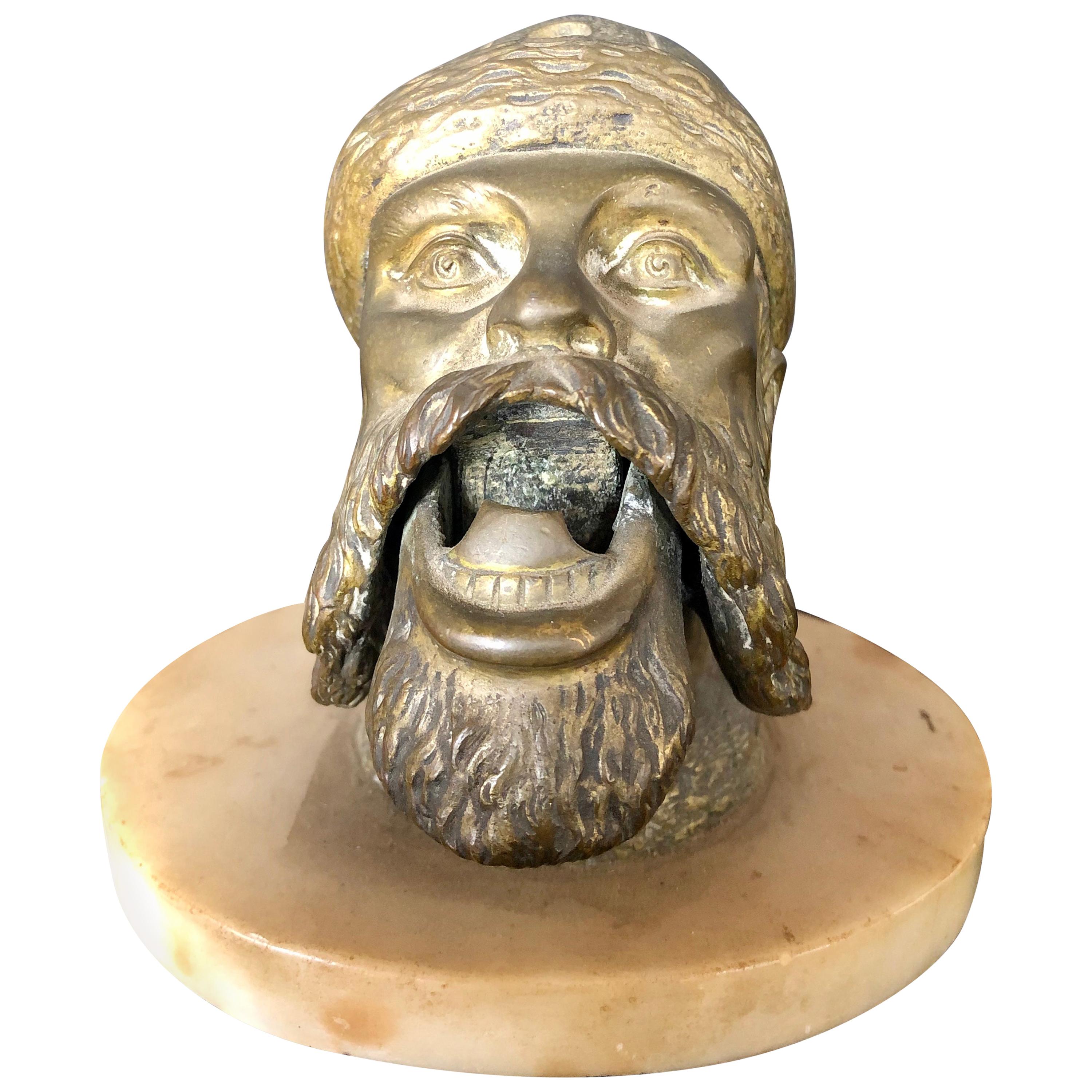 Bronze Sculpture Head Cigar Cutter on Marble Base, Tobacco Collectibles