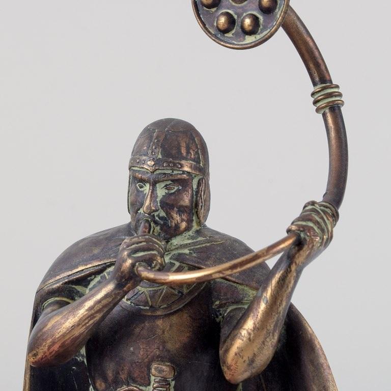 20th Century Bronze sculpture, horn blower, Danish Viking age. Denmark. Mid-20th century. 