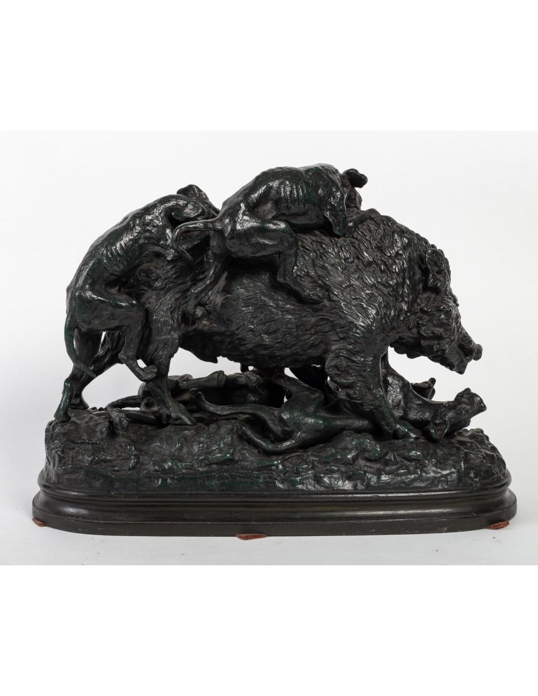 Napoléon III Sculpture en bronze , chiens de chasse assaillant le sanglier. en vente